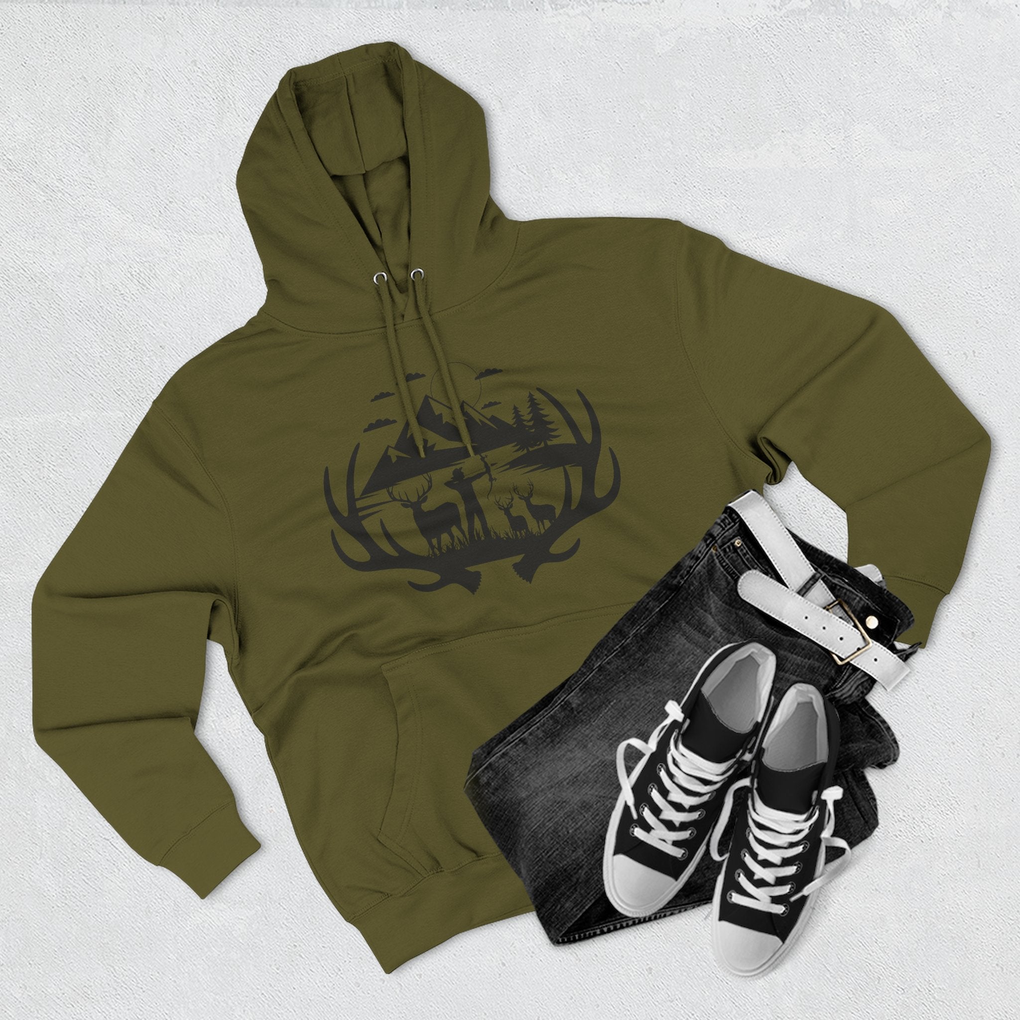 Deer Antler Mountain Hoodie — Rustic Outdoor Gift for Him Wildlife Graphic Pullover