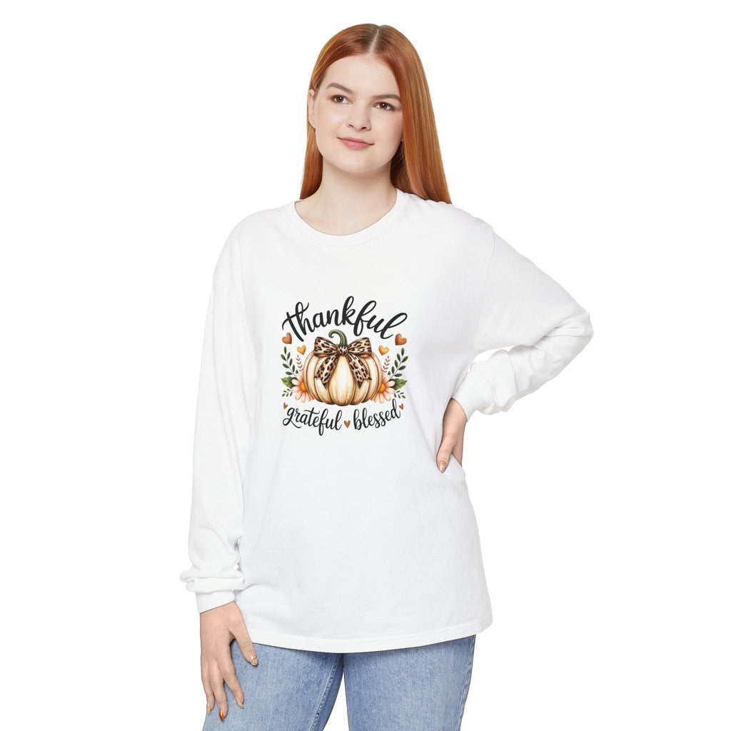 Thankful Grateful Blessed Pumpkin Long Sleeve — Cute Fall Thanksgiving Gift for Women