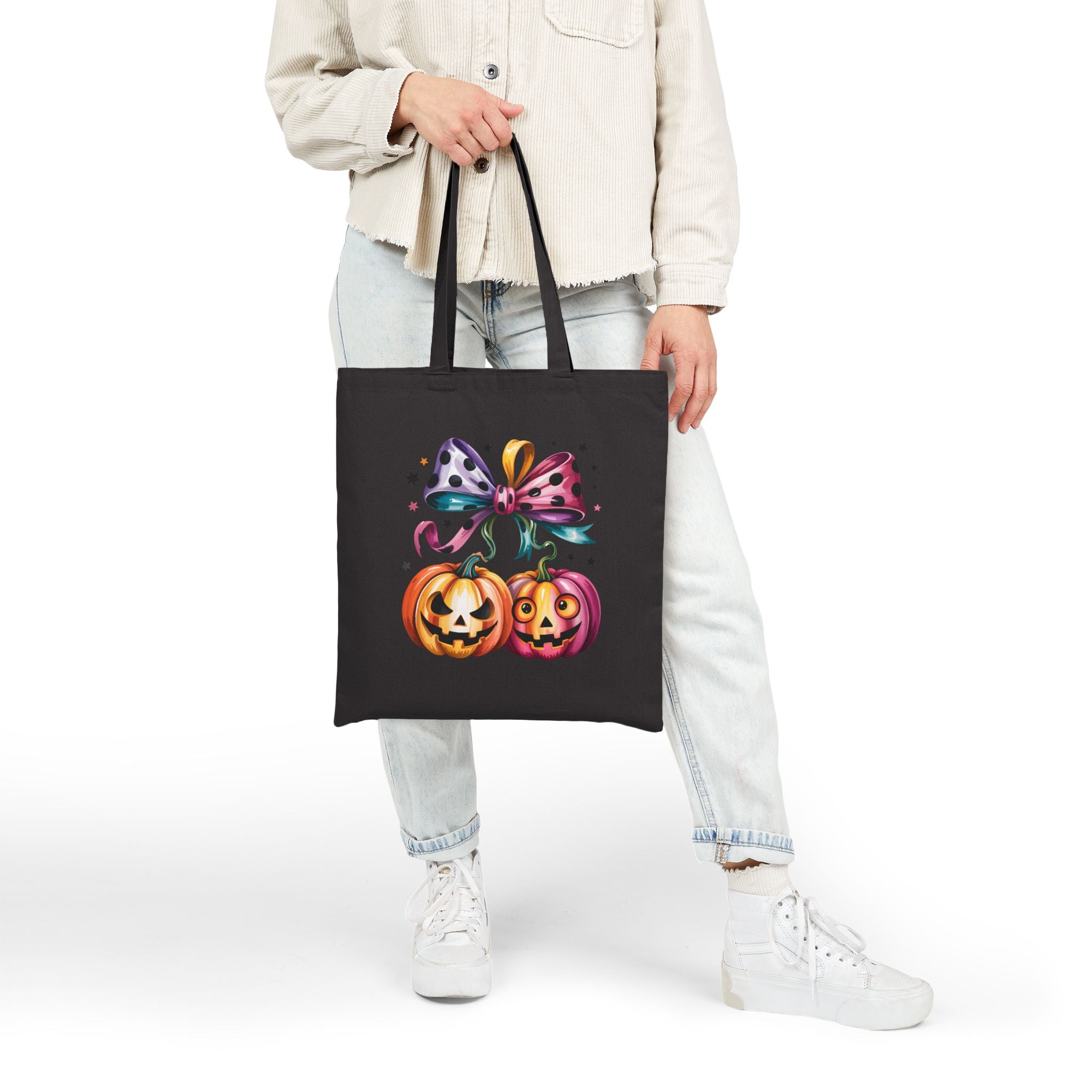 Halloween Pumpkin Pair Canvas Tote Bag — Cute Jack-O'-Lantern Gift for Women