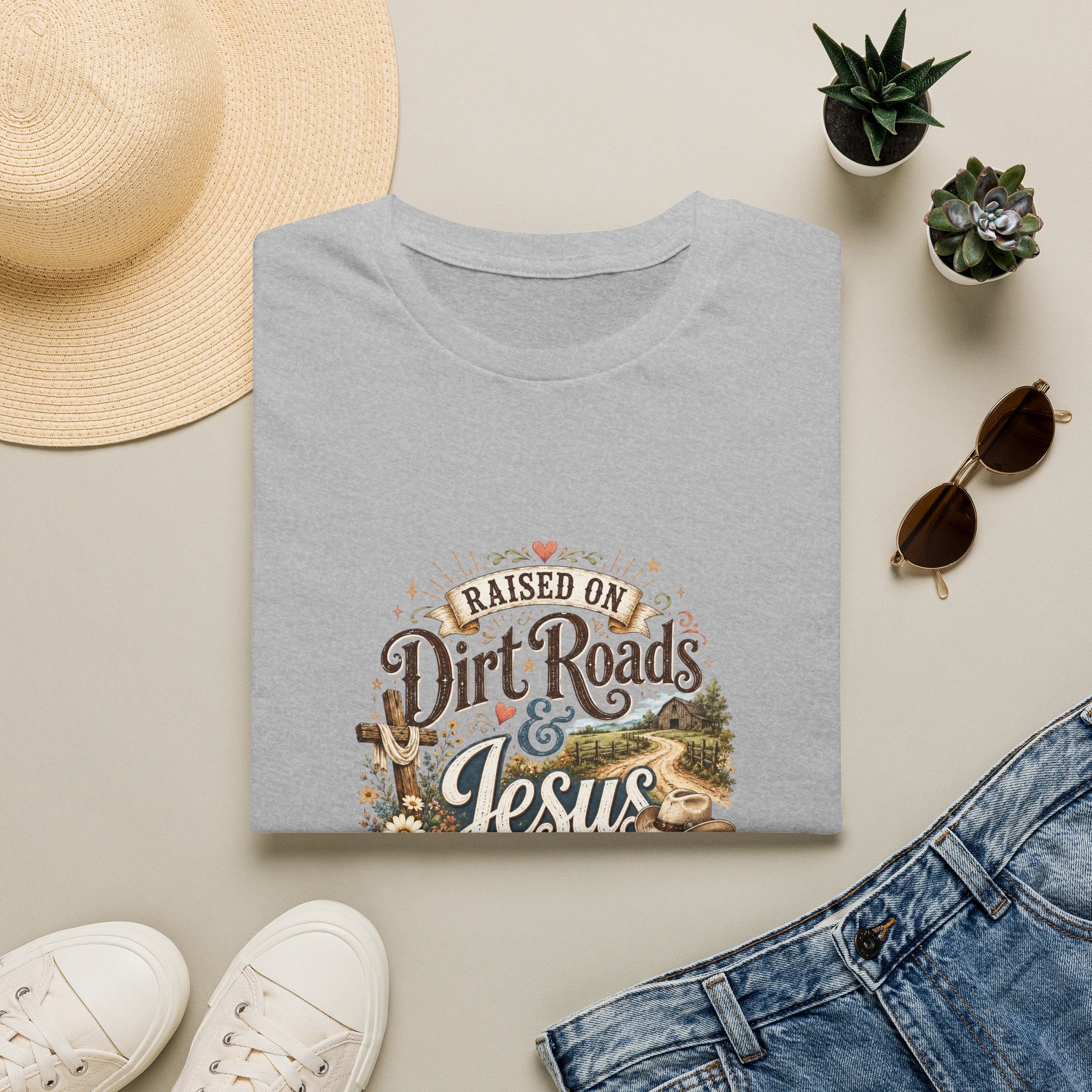 Raised on Dirt Roads & Jesus T-Shirt — Rustic Christian Gift for Women Faith Tee