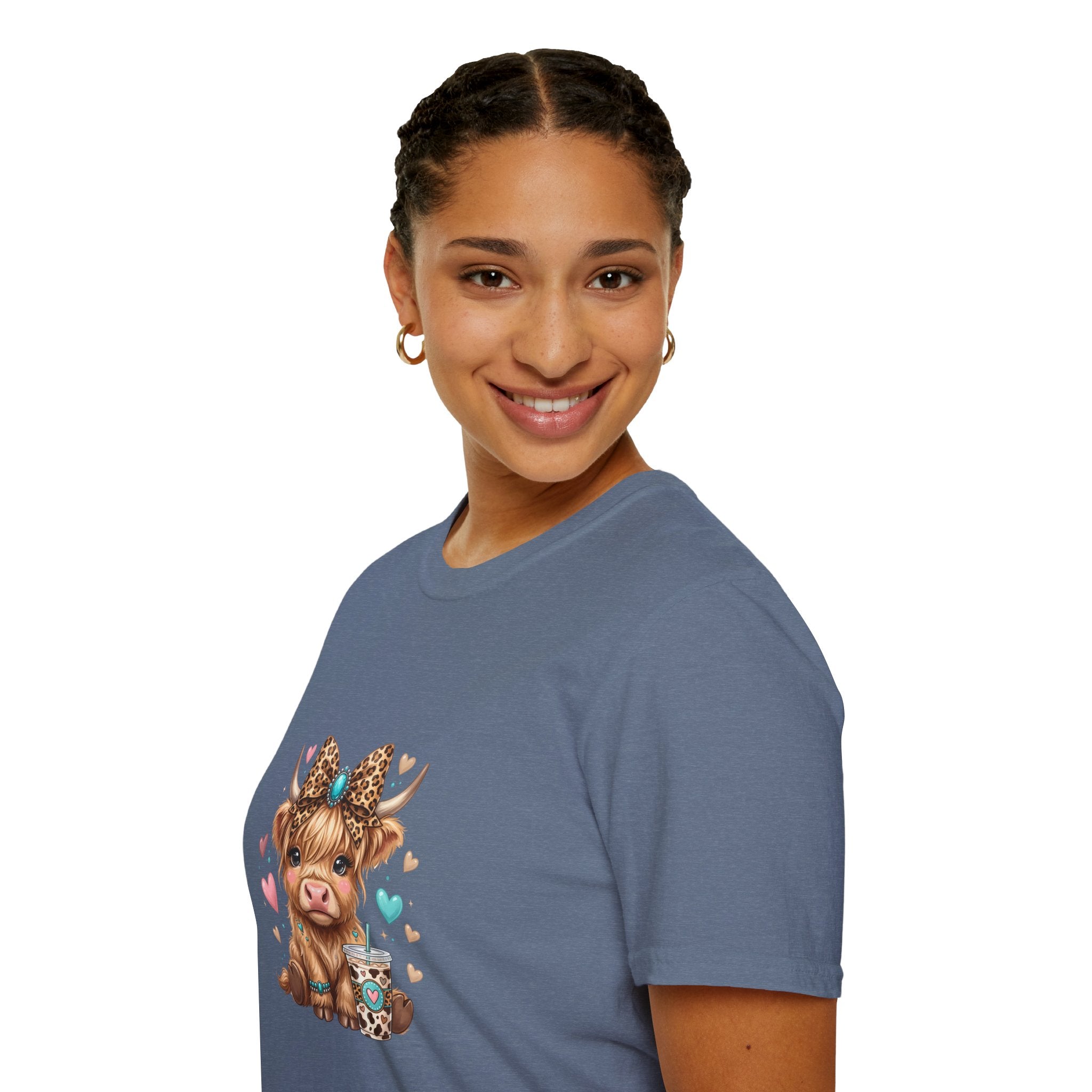 Highland Cow Leopard Bow T-Shirt — Cute Funny Gift for Her Hearts Graphic Tee