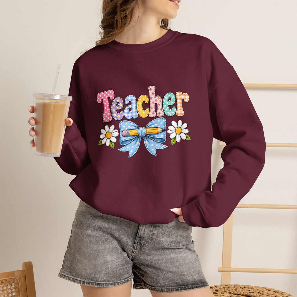 Teacher Floral Bow Sweatshirt — Cute Pastel Gift for Teachers Appreciation Crewneck