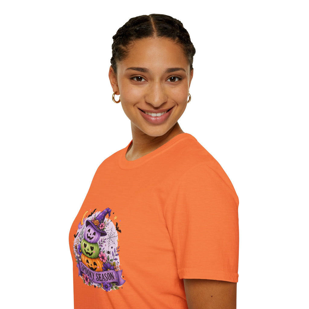 Spooky Season Pumpkin Stack T-Shirt — Cute Halloween Gift for Women Witch Hat Tee