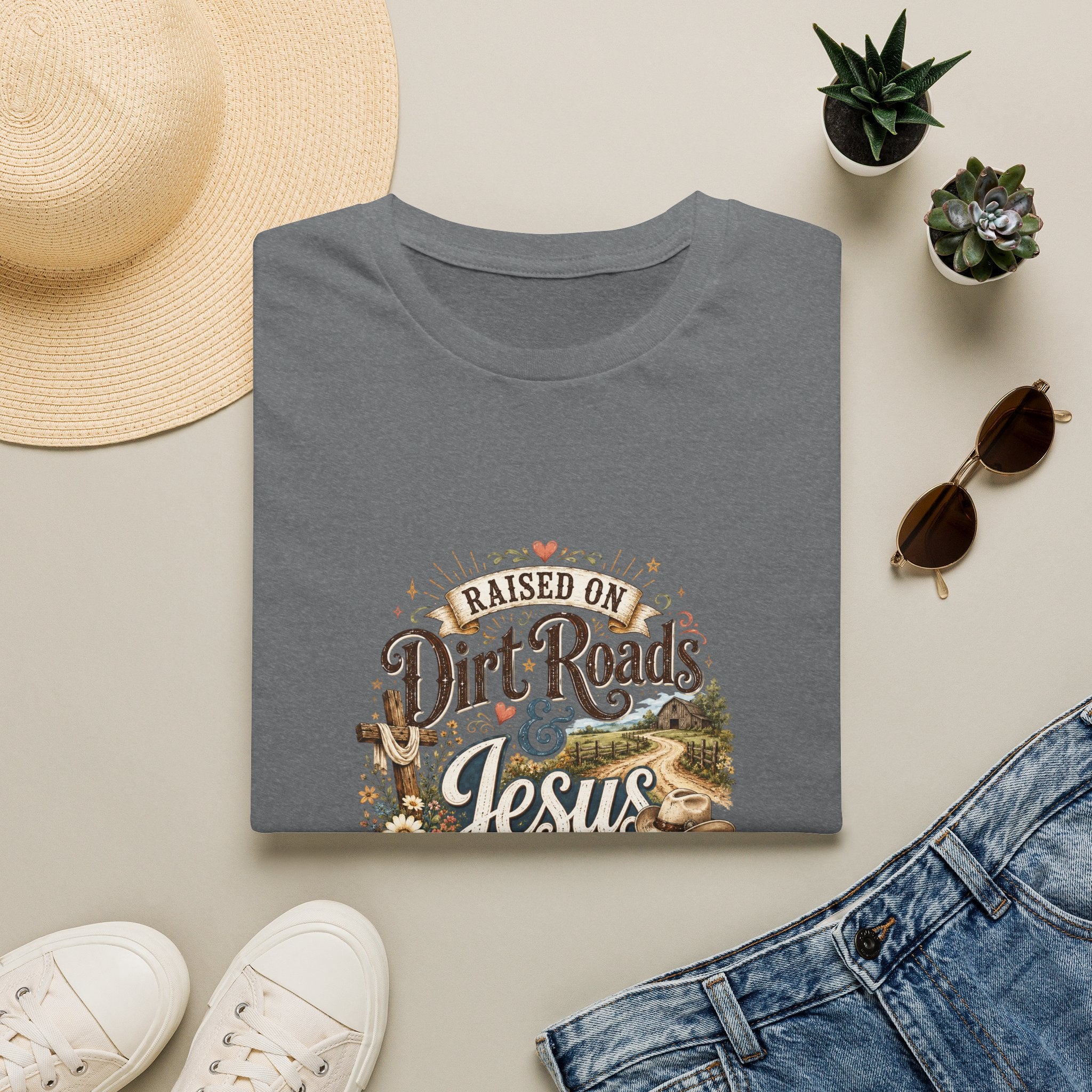 Raised on Dirt Roads & Jesus T-Shirt — Rustic Christian Gift for Women Faith Tee
