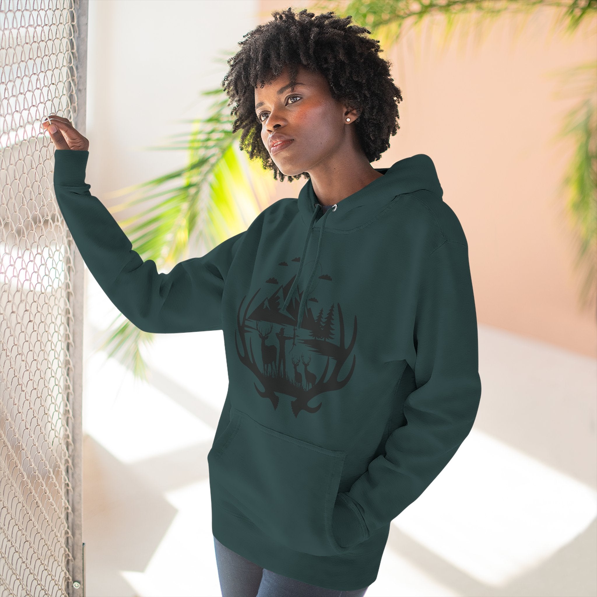 Deer Antler Mountain Hoodie — Rustic Outdoor Gift for Him Wildlife Graphic Pullover