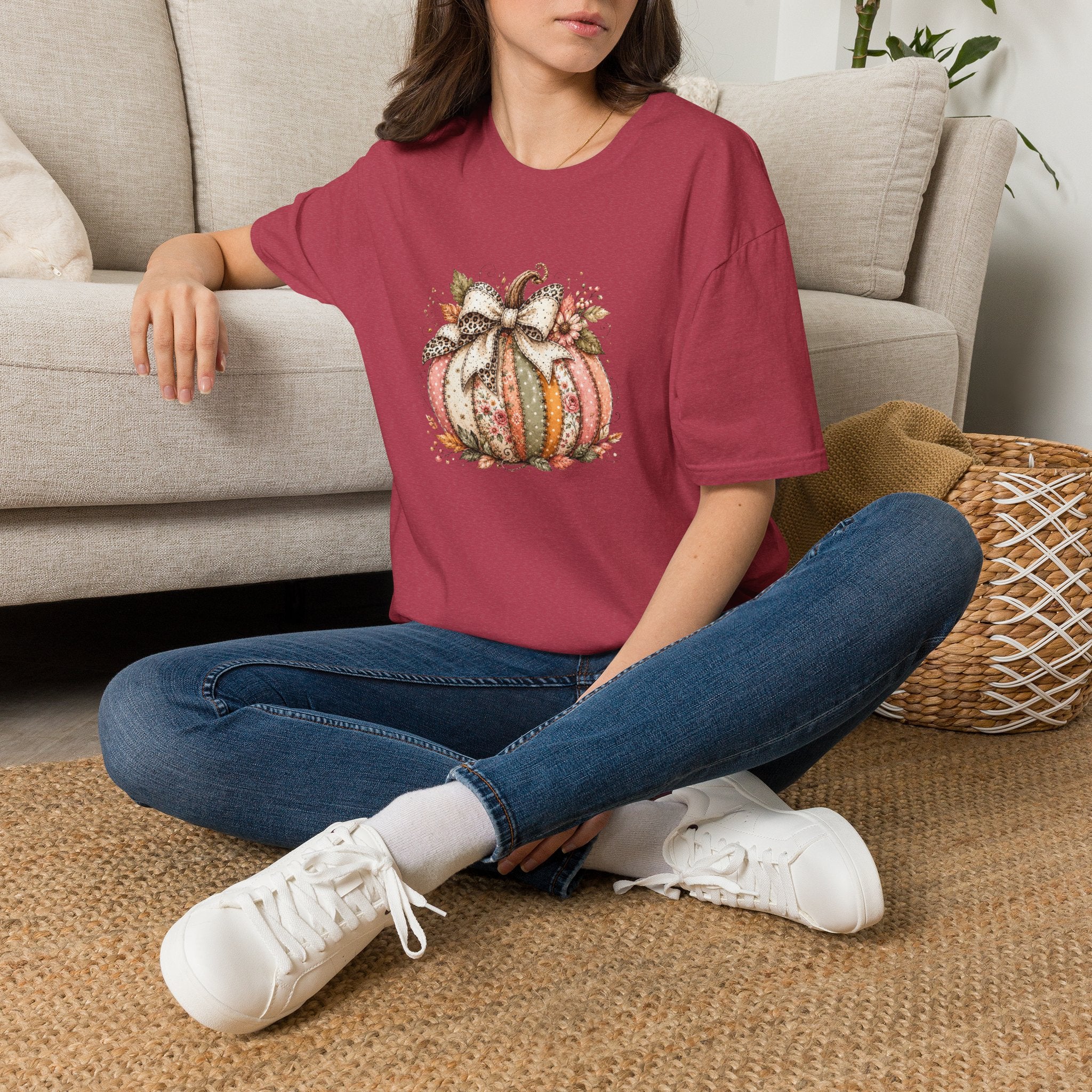 Autumn Floral Pumpkin Leopard Bow T-Shirt — Cute Fall Gift for Women Graphic Tee