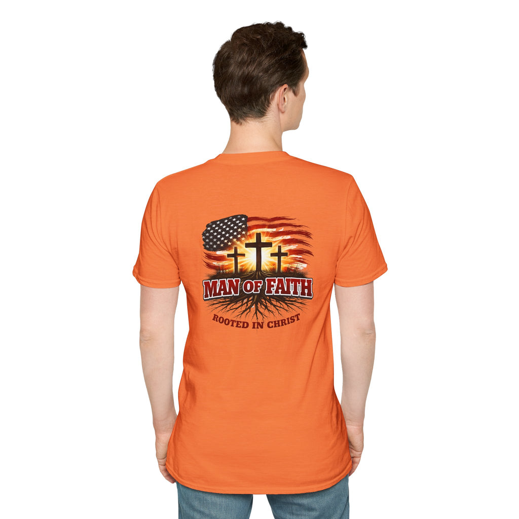 Man of Faith Rooted in Christ T-Shirt — Christian Gift for Him Flag & Cross Back Print Graphic Tee