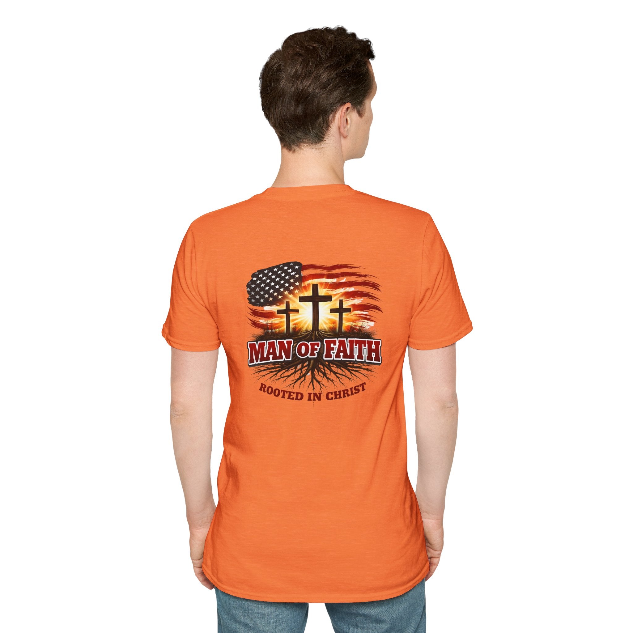 Man of Faith Rooted in Christ T-Shirt — Christian Gift for Him Flag & Cross Back Print Graphic Tee
