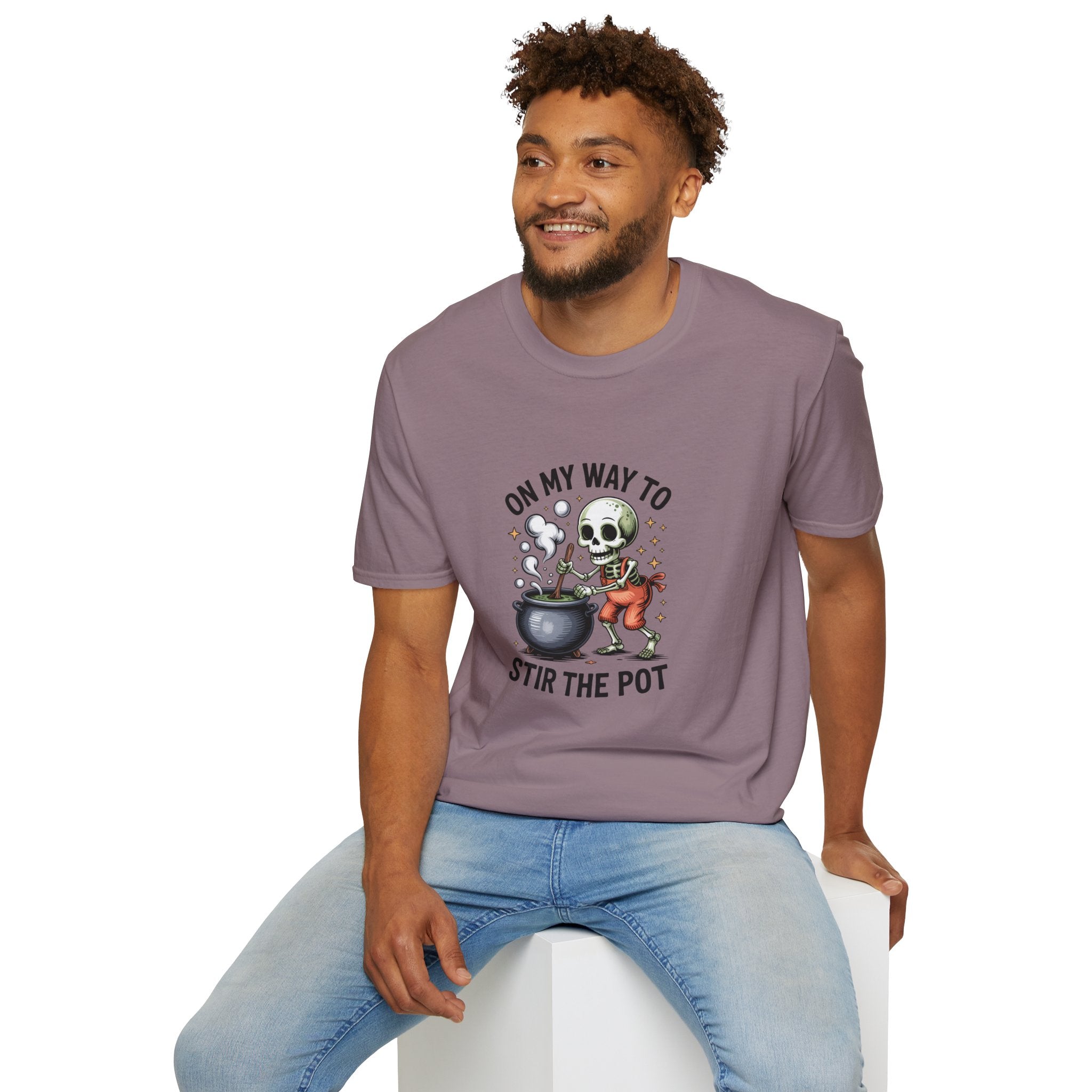 On My Way to Stir the Pot Skeleton T-Shirt — Funny Halloween Gift for Women