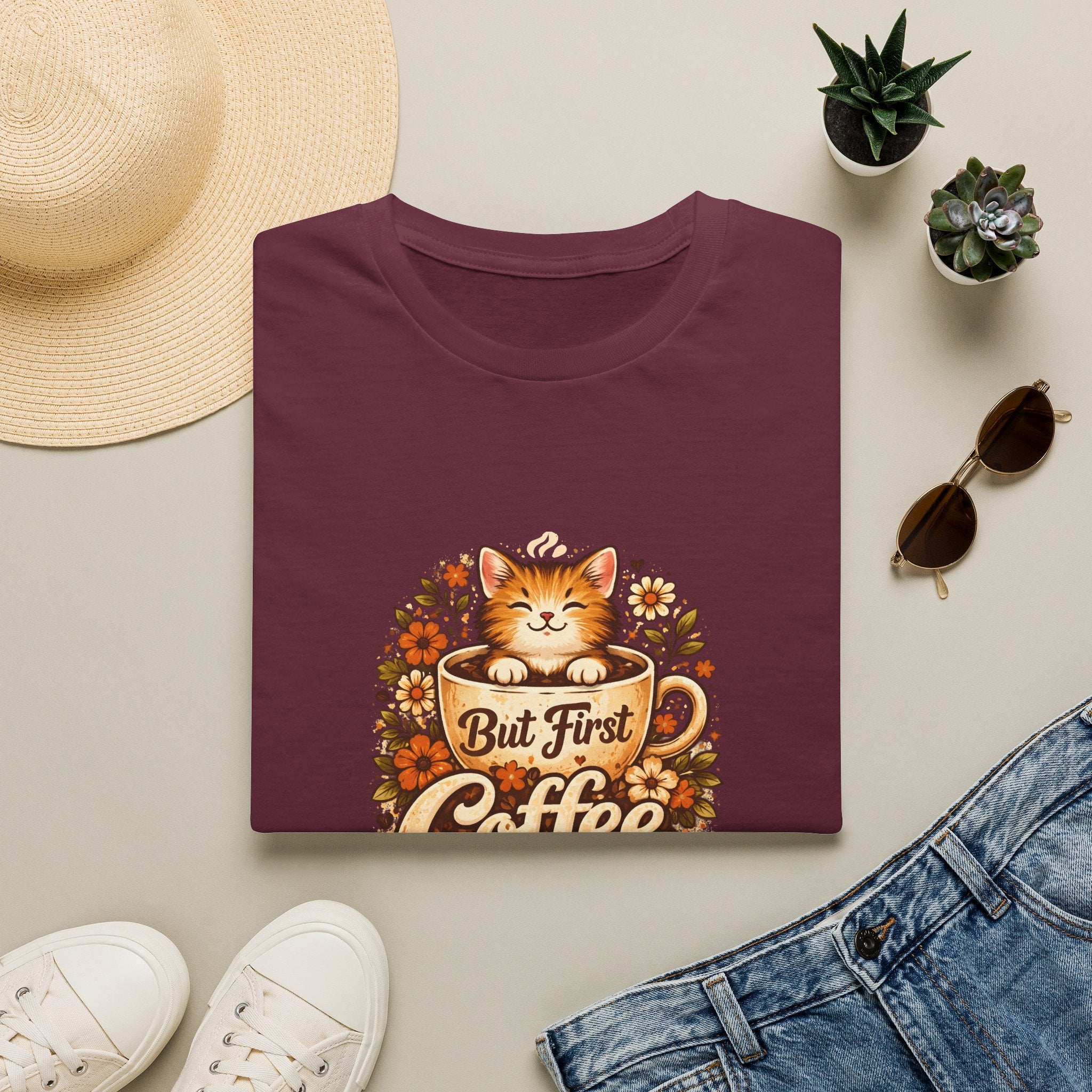But First Coffee Cat T-Shirt — Cute Floral Gift for Coffee Lovers Women's Tee