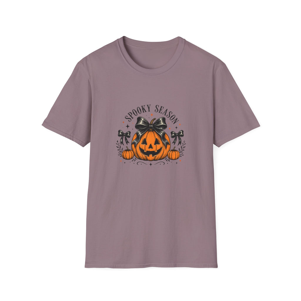 Spooky Season Jack-O'-Lantern Bow T-Shirt — Cute Halloween Gift for Women Graphic Tee
