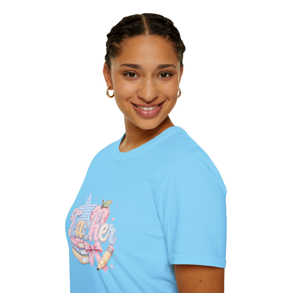 Cute Pastel Apple & Books Teacher T-Shirt — Funny Back-to-School Gift Graphic Tee