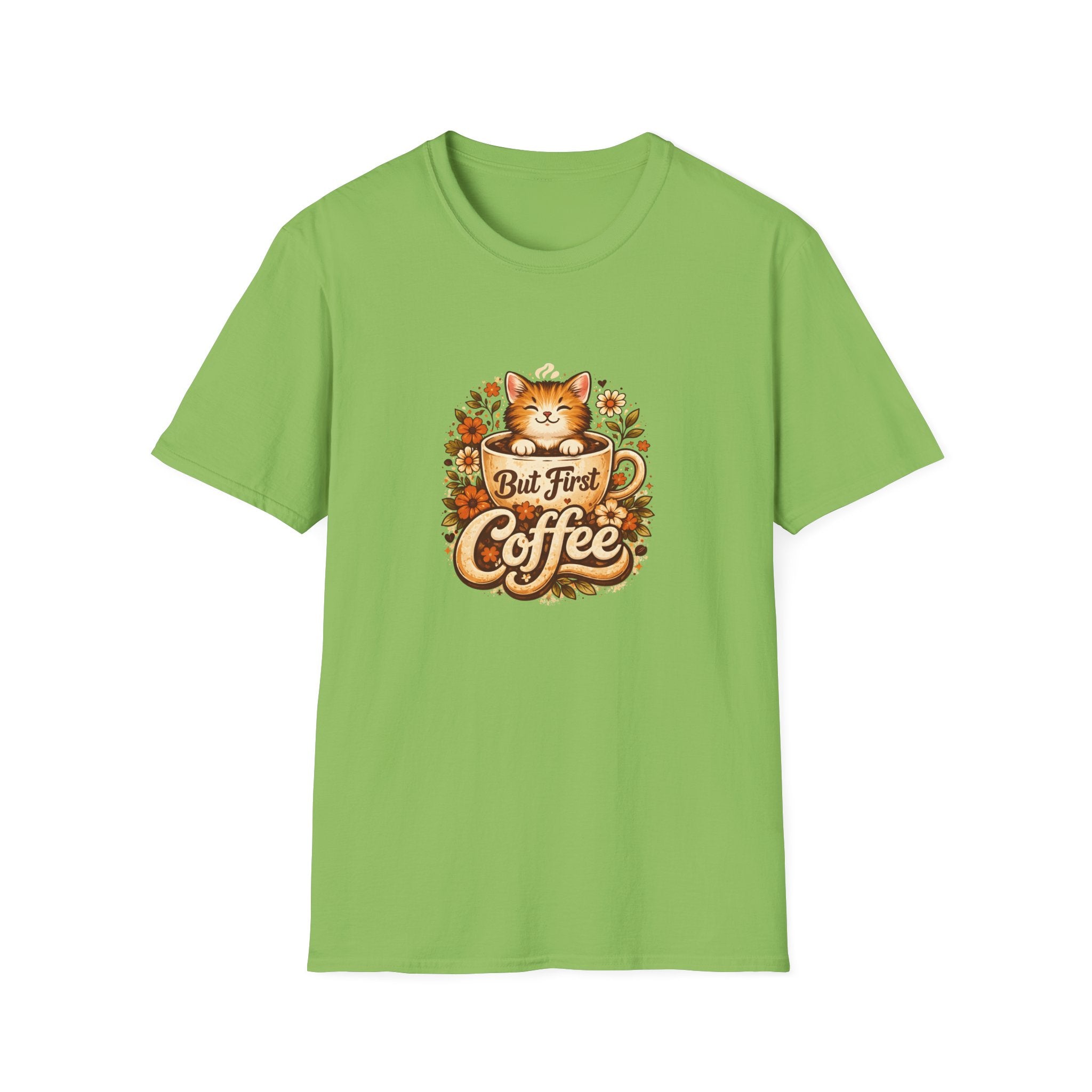 But First Coffee Cat T-Shirt — Cute Floral Gift for Coffee Lovers Women's Tee