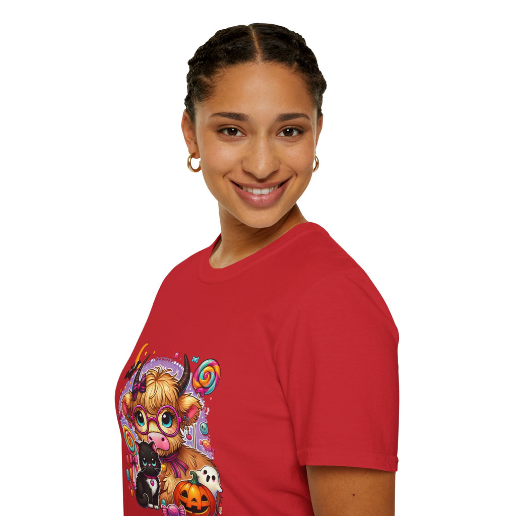 Cute Halloween Cow T-Shirt — Funny Gift for Her Candy Pumpkins & Kitty Costume Tee