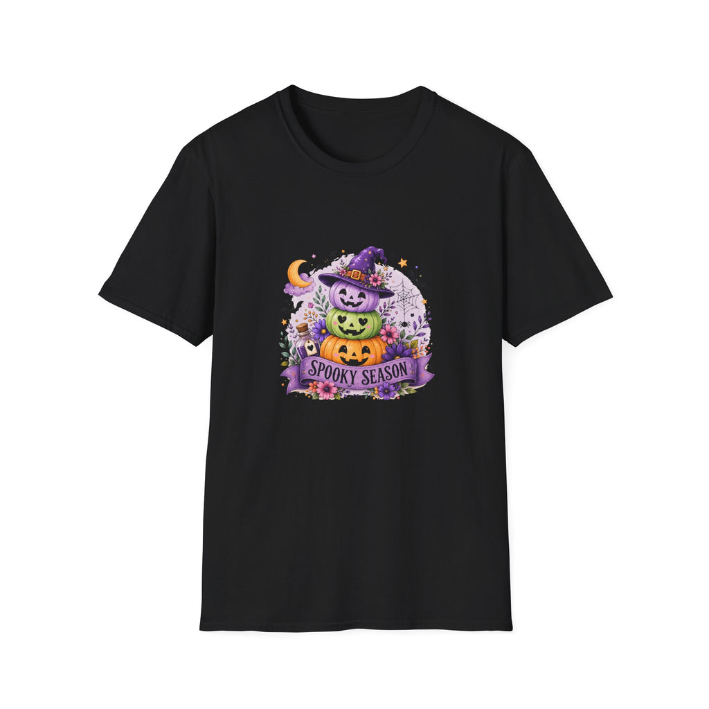 Spooky Season Pumpkin Stack T-Shirt — Cute Halloween Gift for Women Witch Hat Tee