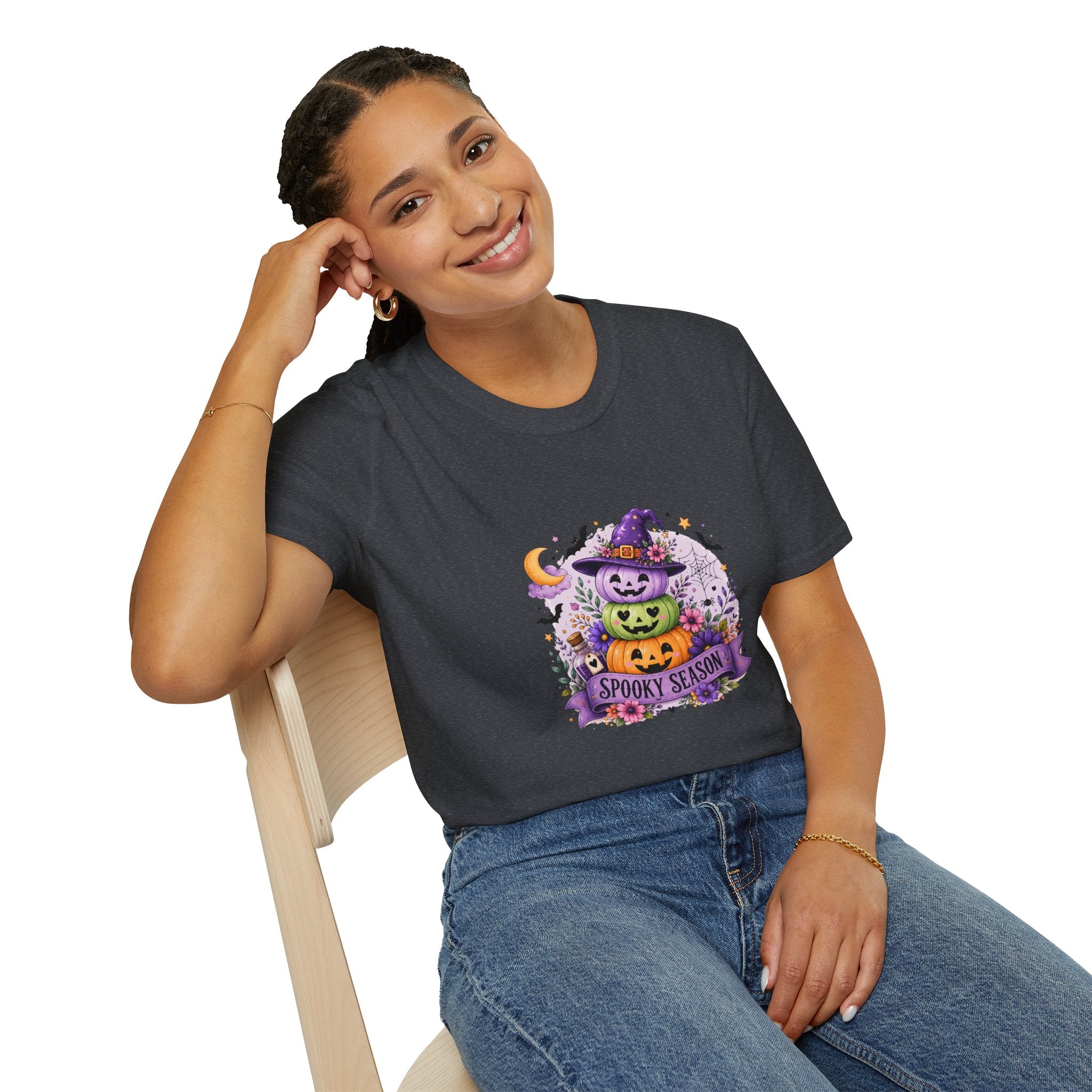 Spooky Season Pumpkin Stack T-Shirt — Cute Halloween Gift for Women Witch Hat Tee