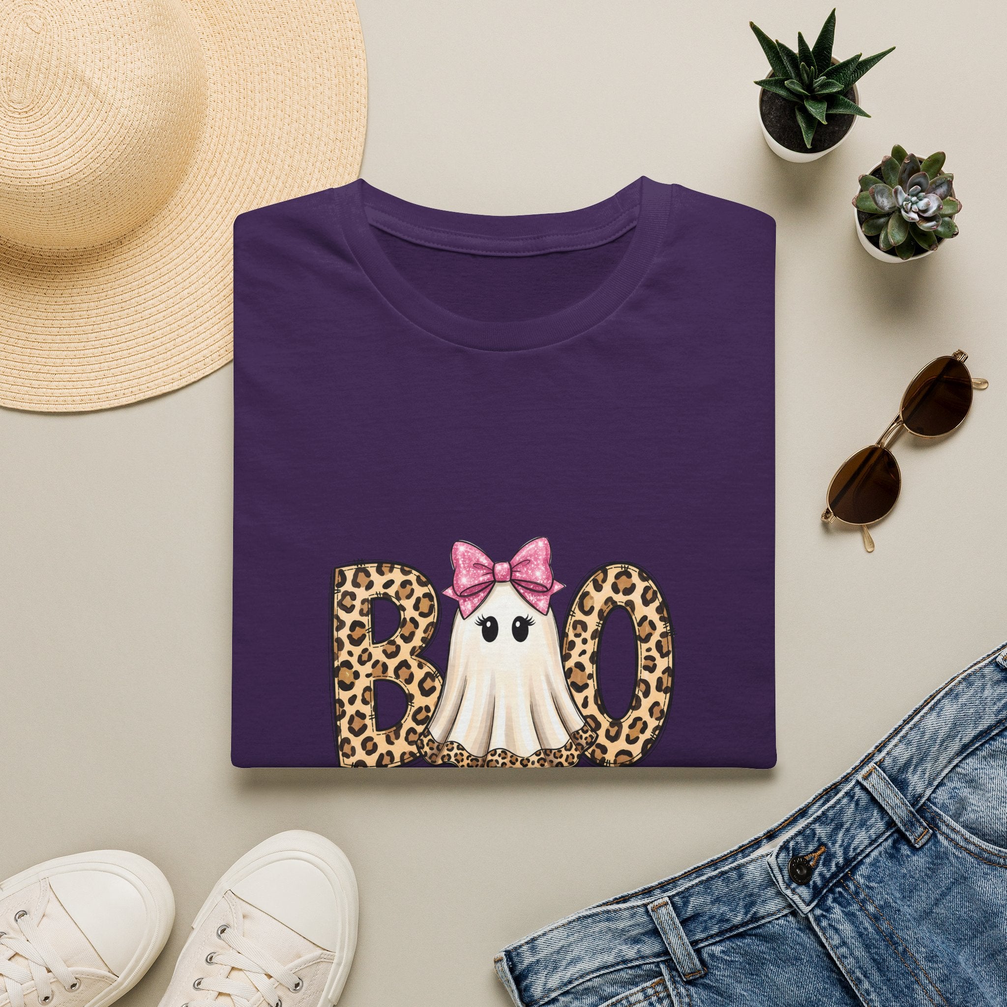 Boo Leopard Ghost T-Shirt — Cute Pink Bow Halloween Gift for Women Graphic Tee