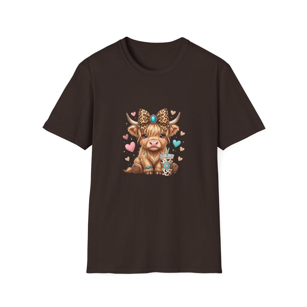 Highland Cow Leopard Bow T-Shirt — Cute Funny Gift for Her Hearts Graphic Tee