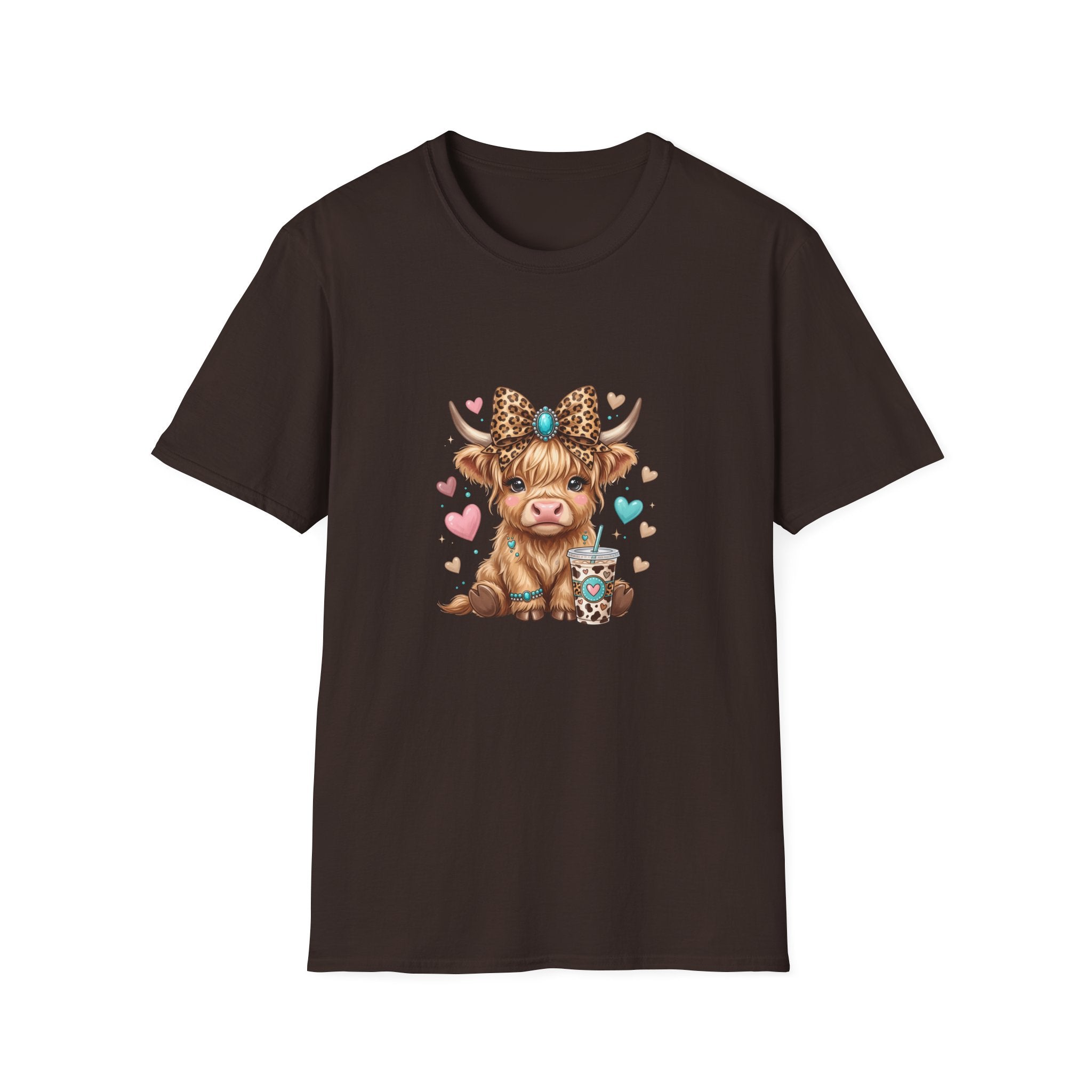 Highland Cow Leopard Bow T-Shirt — Cute Funny Gift for Her Hearts Graphic Tee