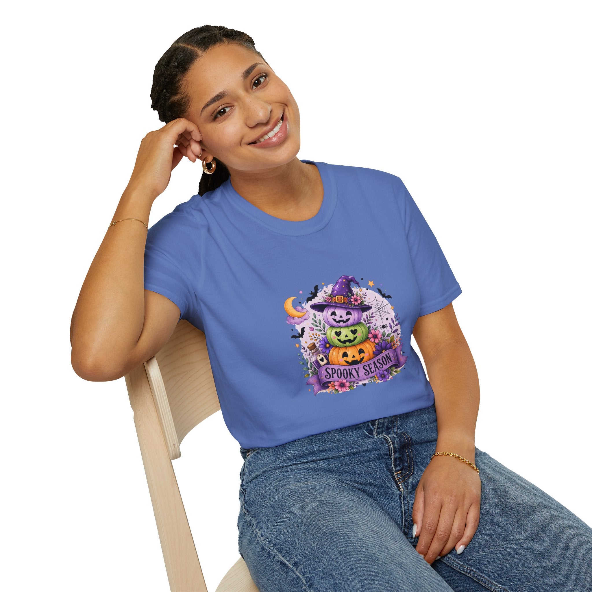 Spooky Season Pumpkin Stack T-Shirt — Cute Halloween Gift for Women Witch Hat Tee