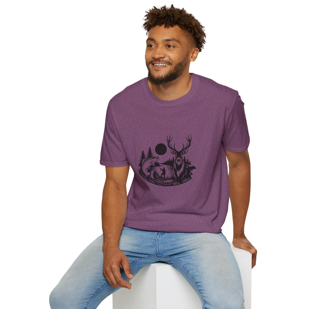 Deer & Fish Forest Silhouette T-Shirt — Rustic Outdoor Gift for Hunters Graphic Tee