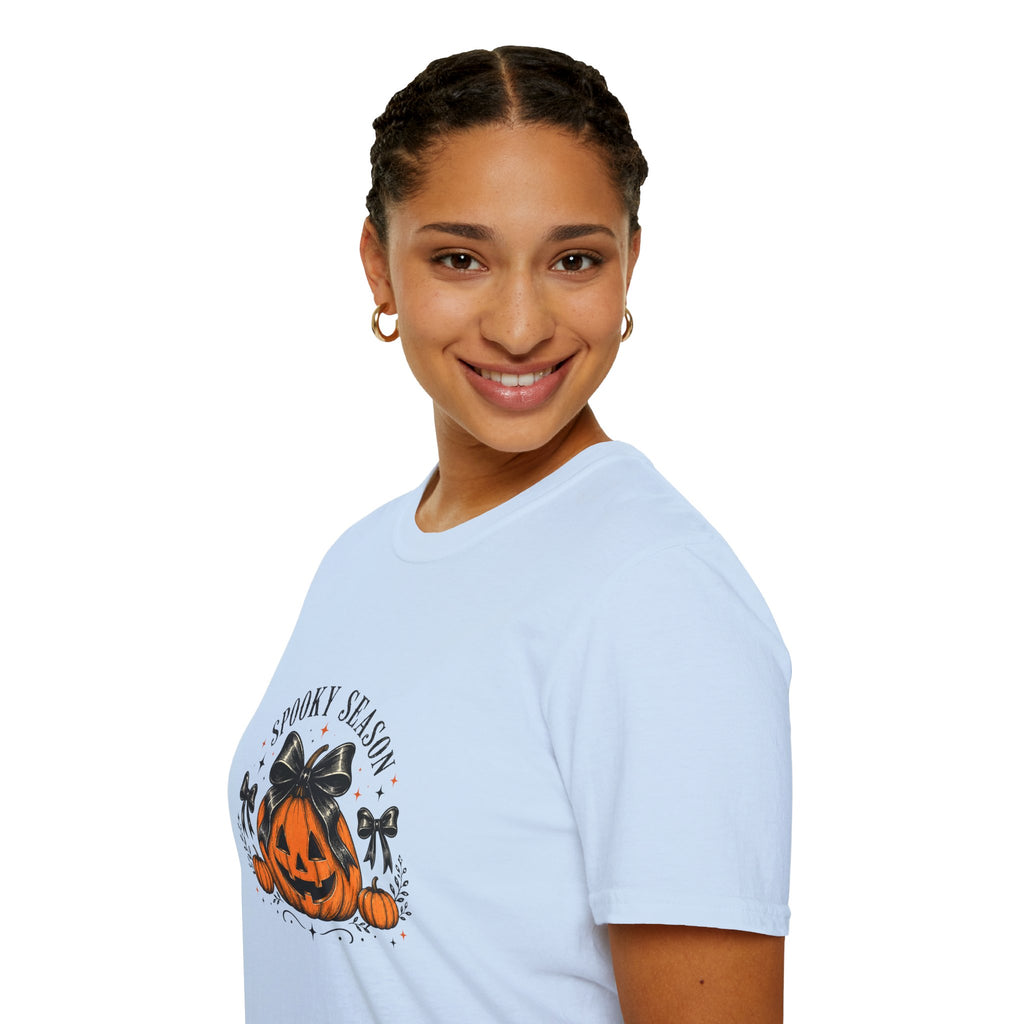 Spooky Season Jack-O'-Lantern Bow T-Shirt — Cute Halloween Gift for Women Graphic Tee