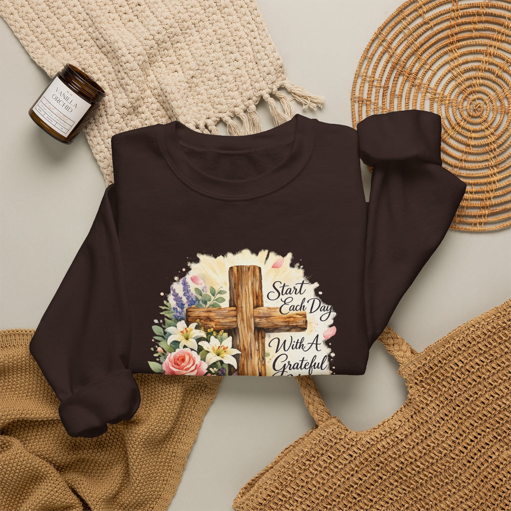 Christian Crewneck Sweatshirt — "Start Each Day with a Grateful Heart" Floral Cross