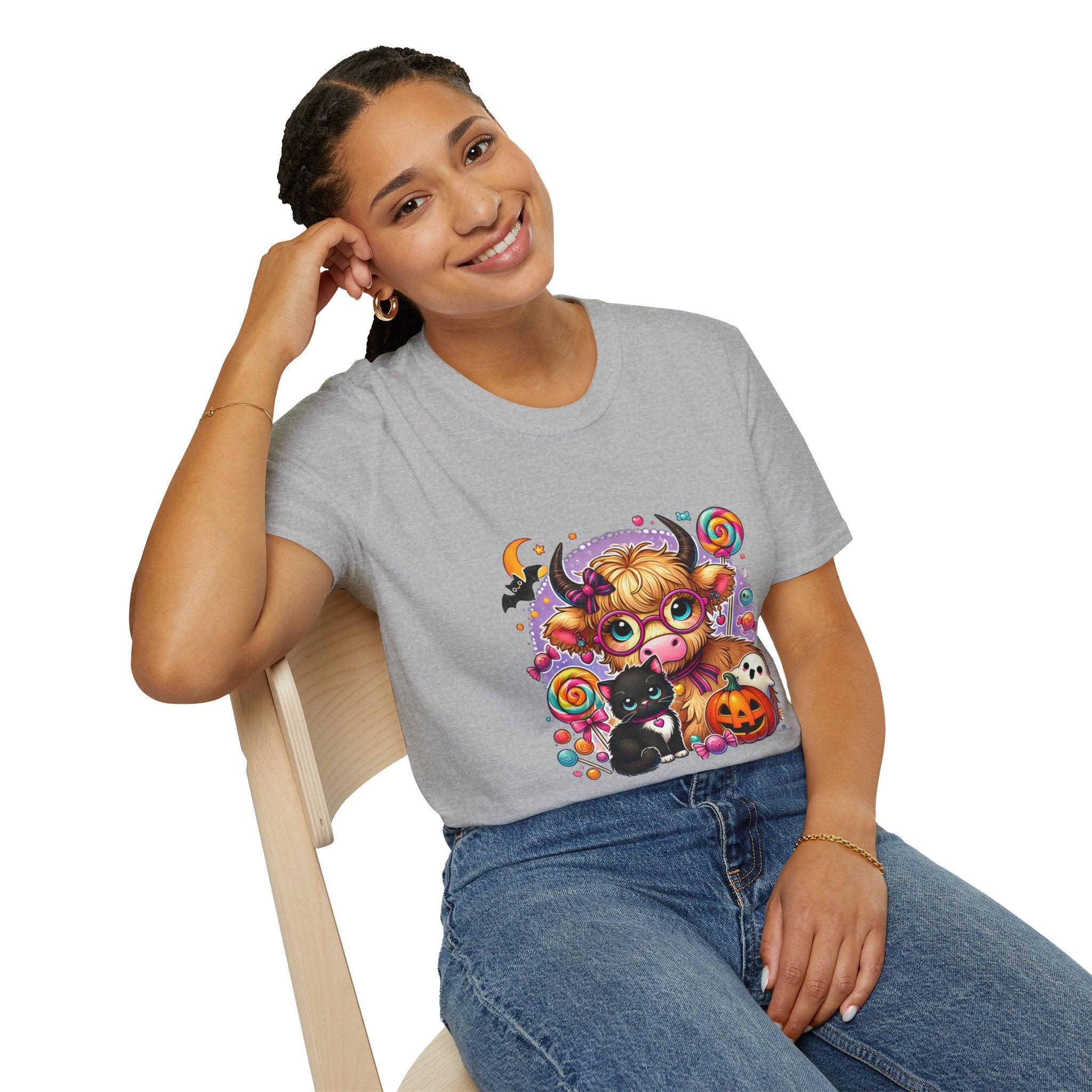 Cute Halloween Cow T-Shirt — Funny Gift for Her Candy Pumpkins & Kitty Costume Tee