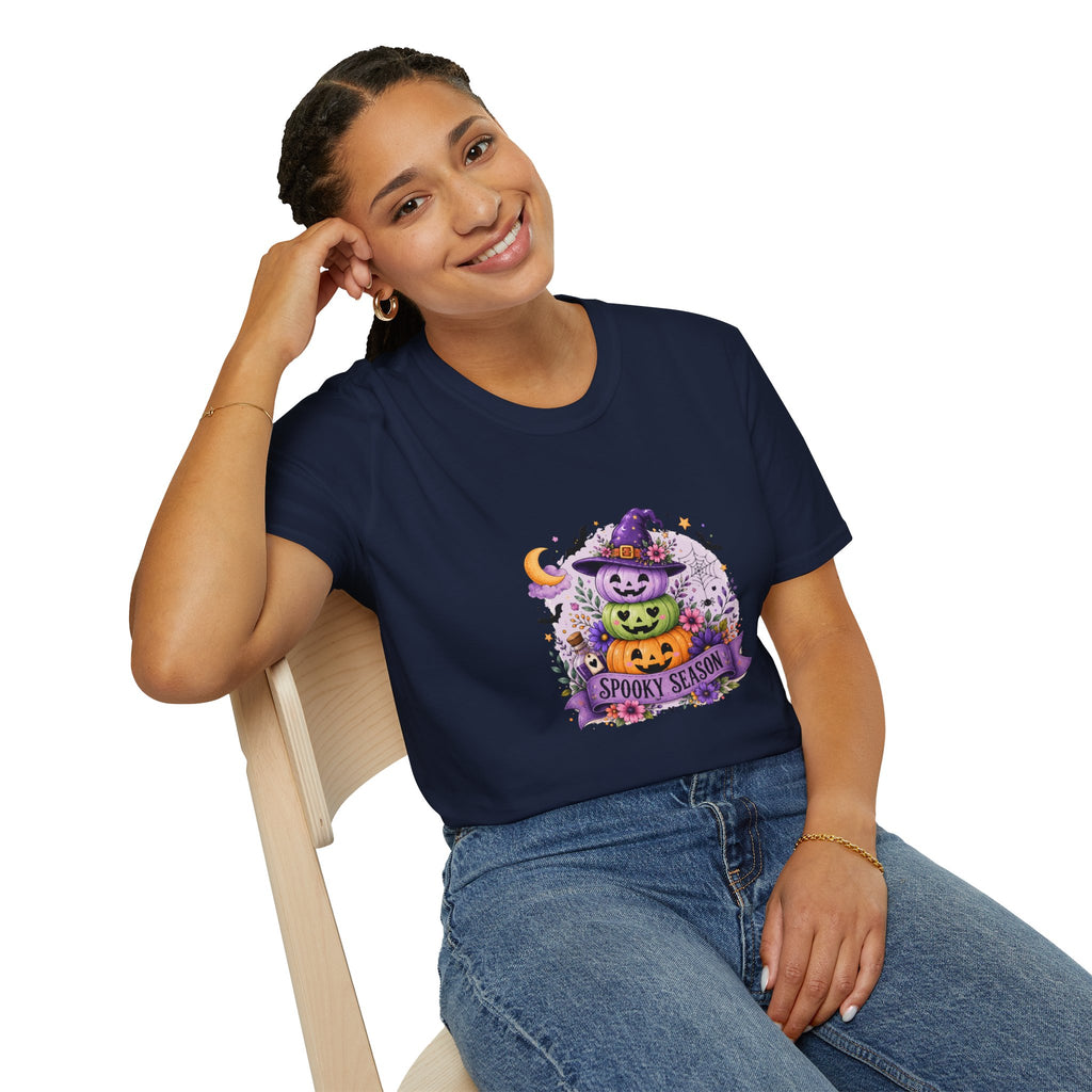 Spooky Season Pumpkin Stack T-Shirt — Cute Halloween Gift for Women Witch Hat Tee
