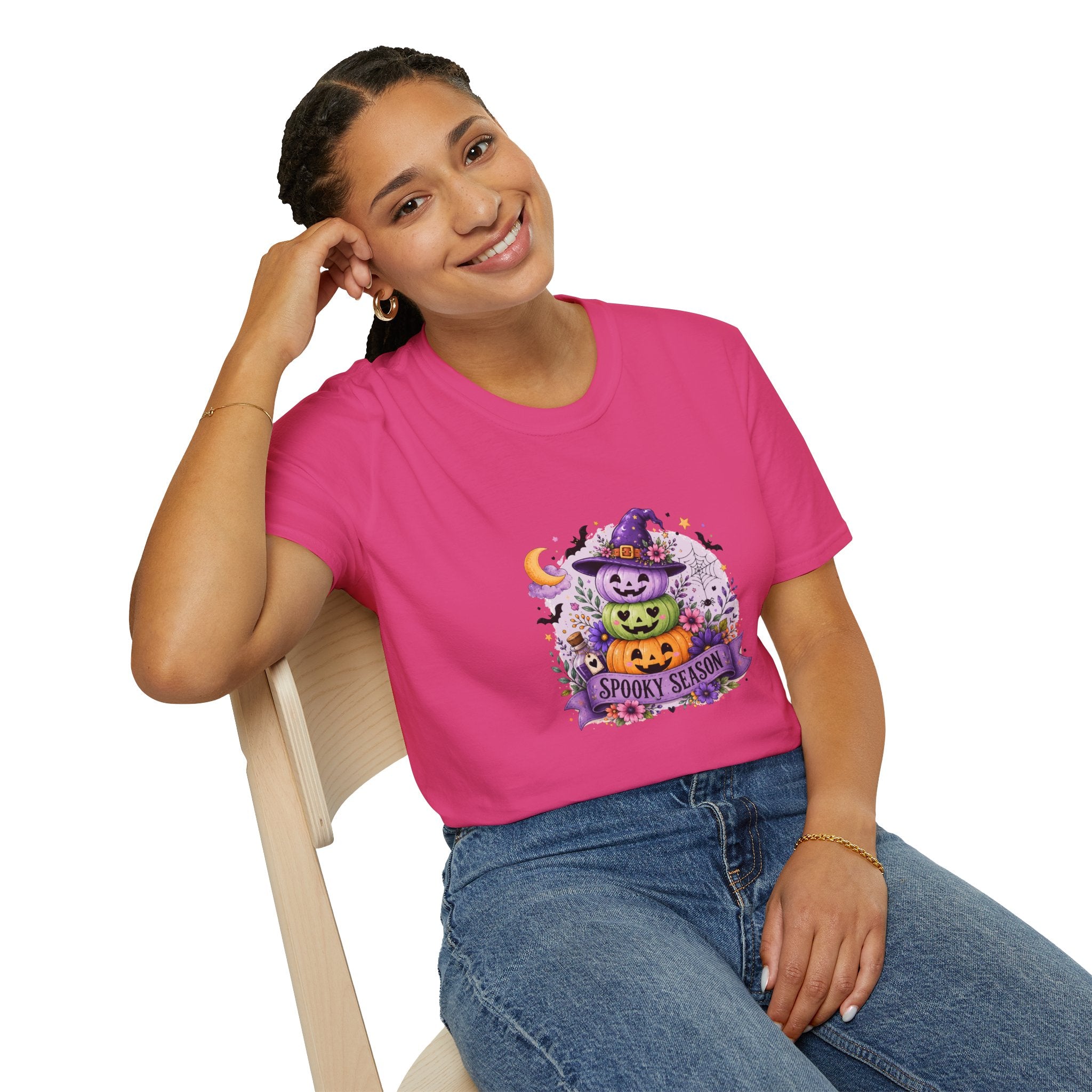 Spooky Season Pumpkin Stack T-Shirt — Cute Halloween Gift for Women Witch Hat Tee