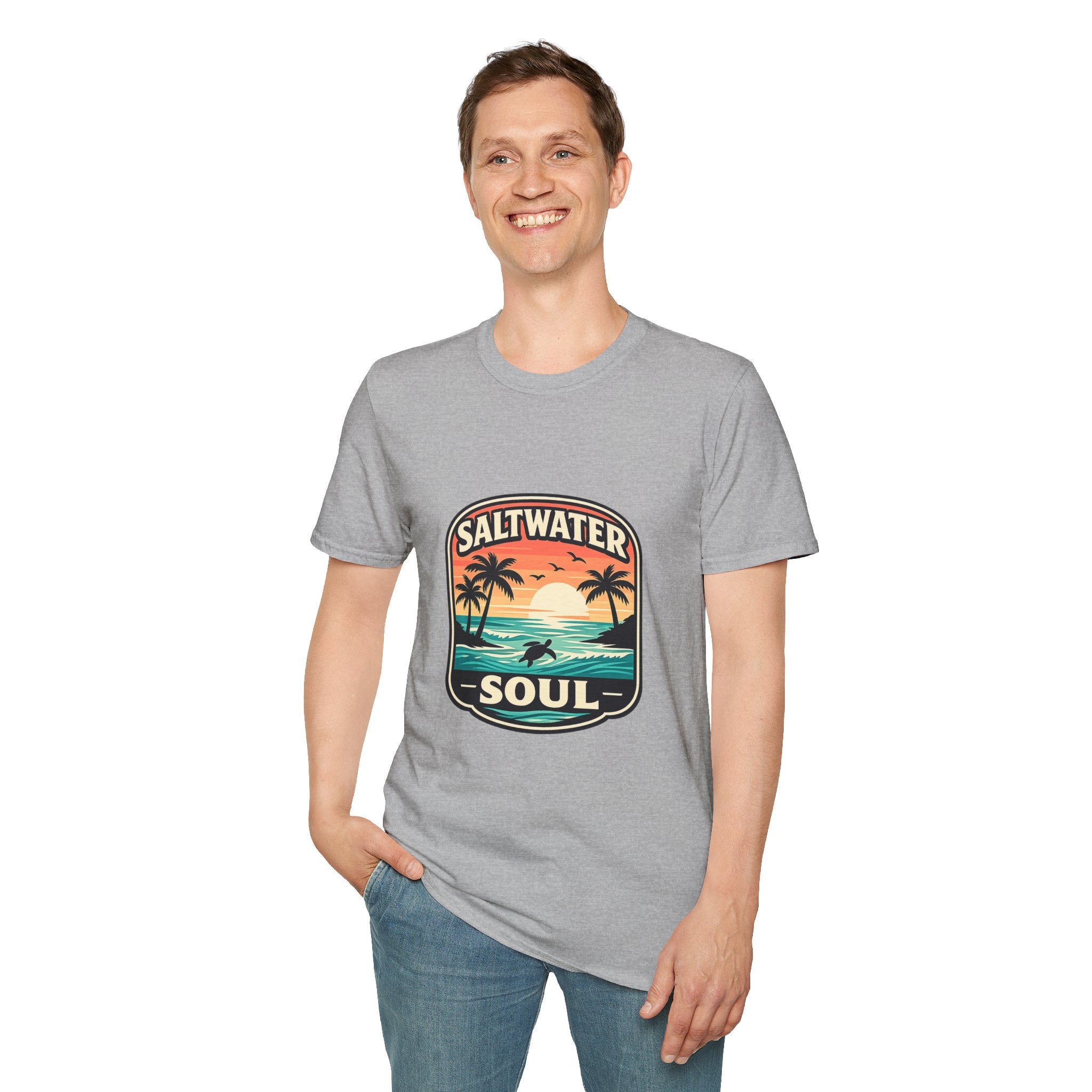 Saltwater Soul Retro Beach T-Shirt — Cute Coastal Gift for Women Sunset Palm Tee