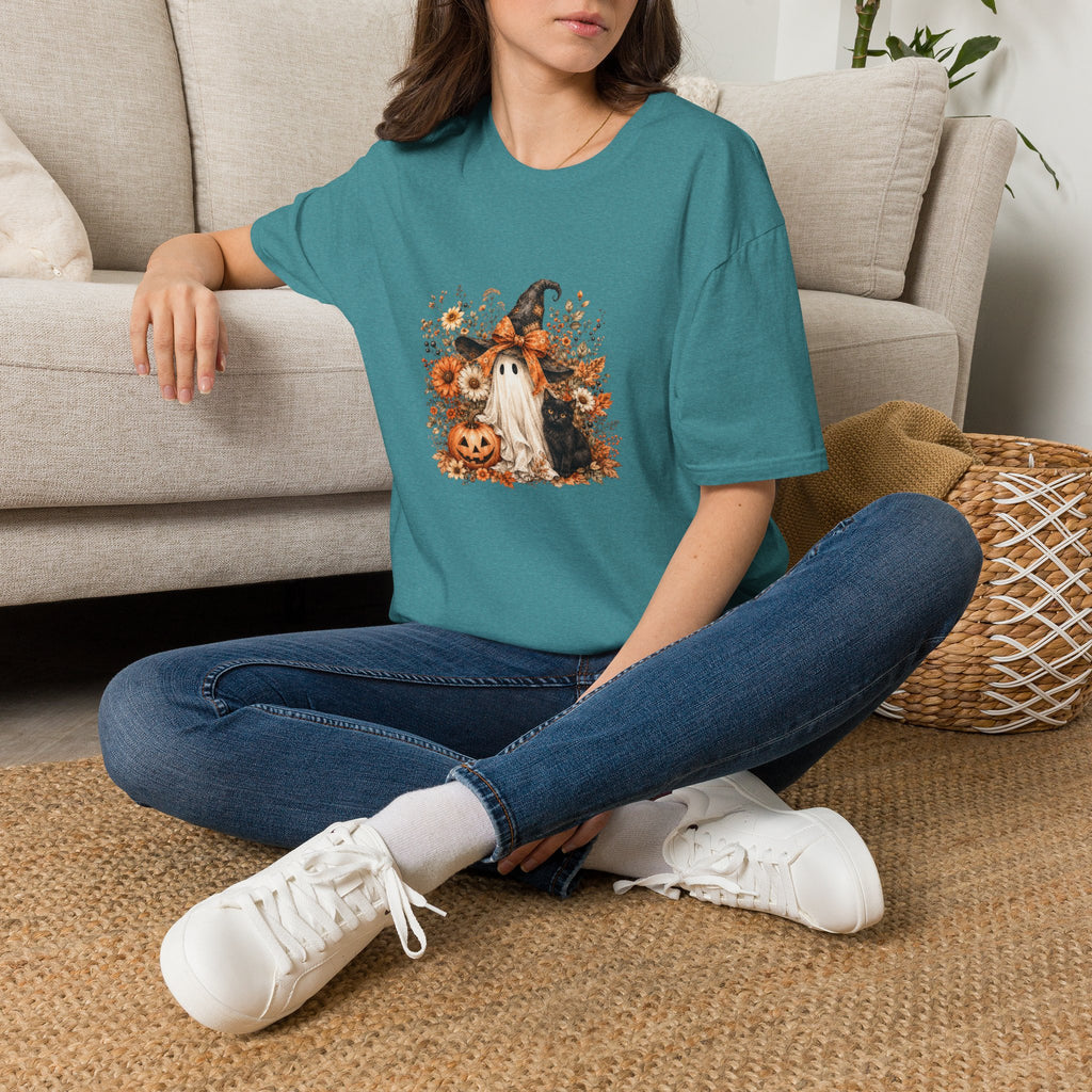 Halloween Witch Ghost & Cat T-Shirt — Cute Spooky Gift for Women Fall Floral Tee