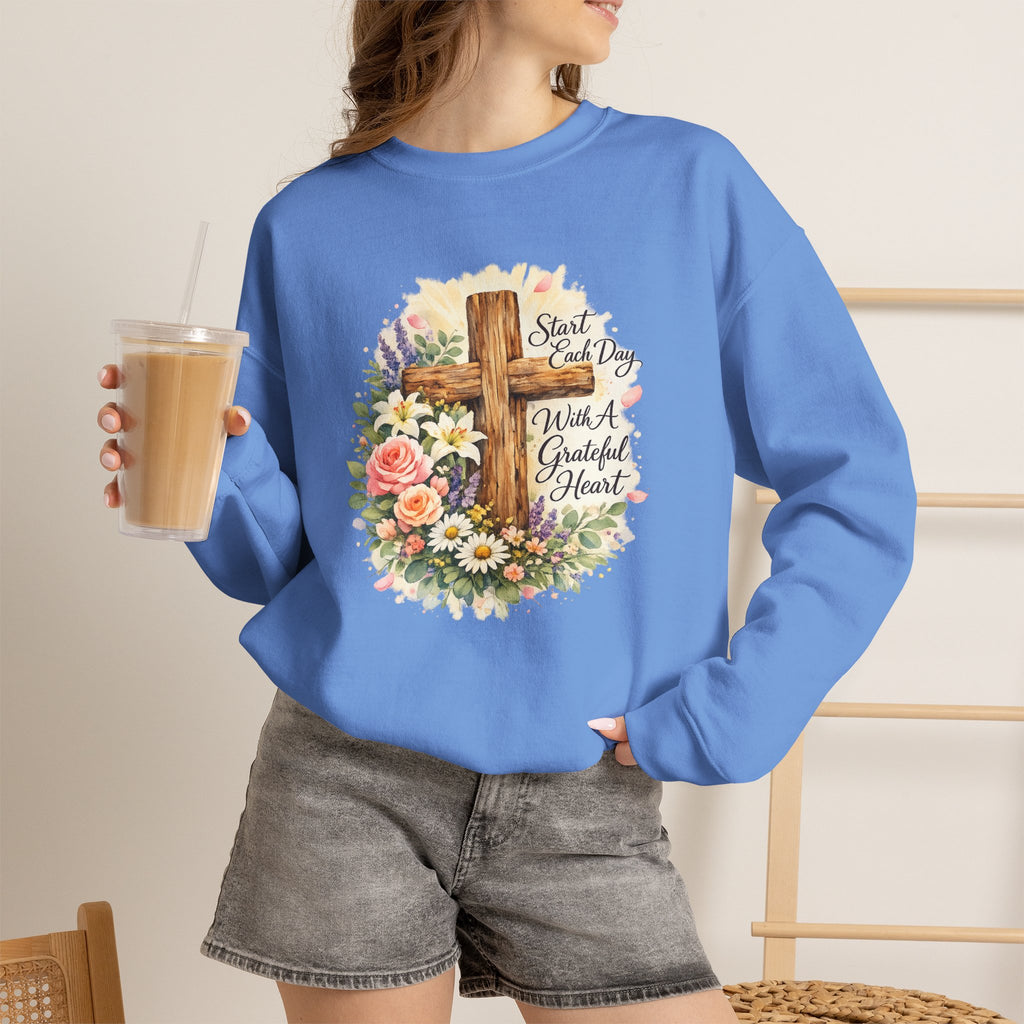 Christian Crewneck Sweatshirt — "Start Each Day with a Grateful Heart" Floral Cross