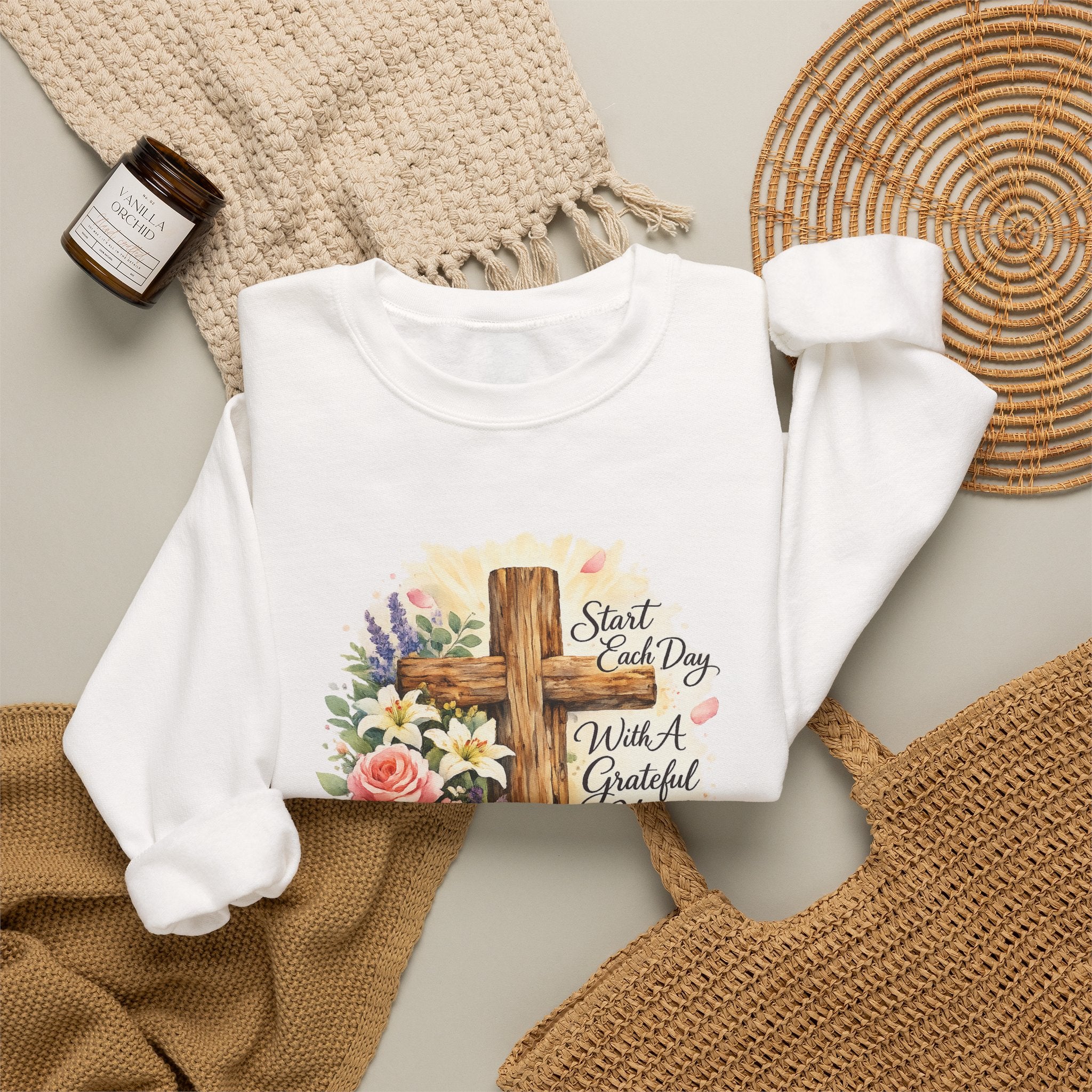 Christian Crewneck Sweatshirt — "Start Each Day with a Grateful Heart" Floral Cross