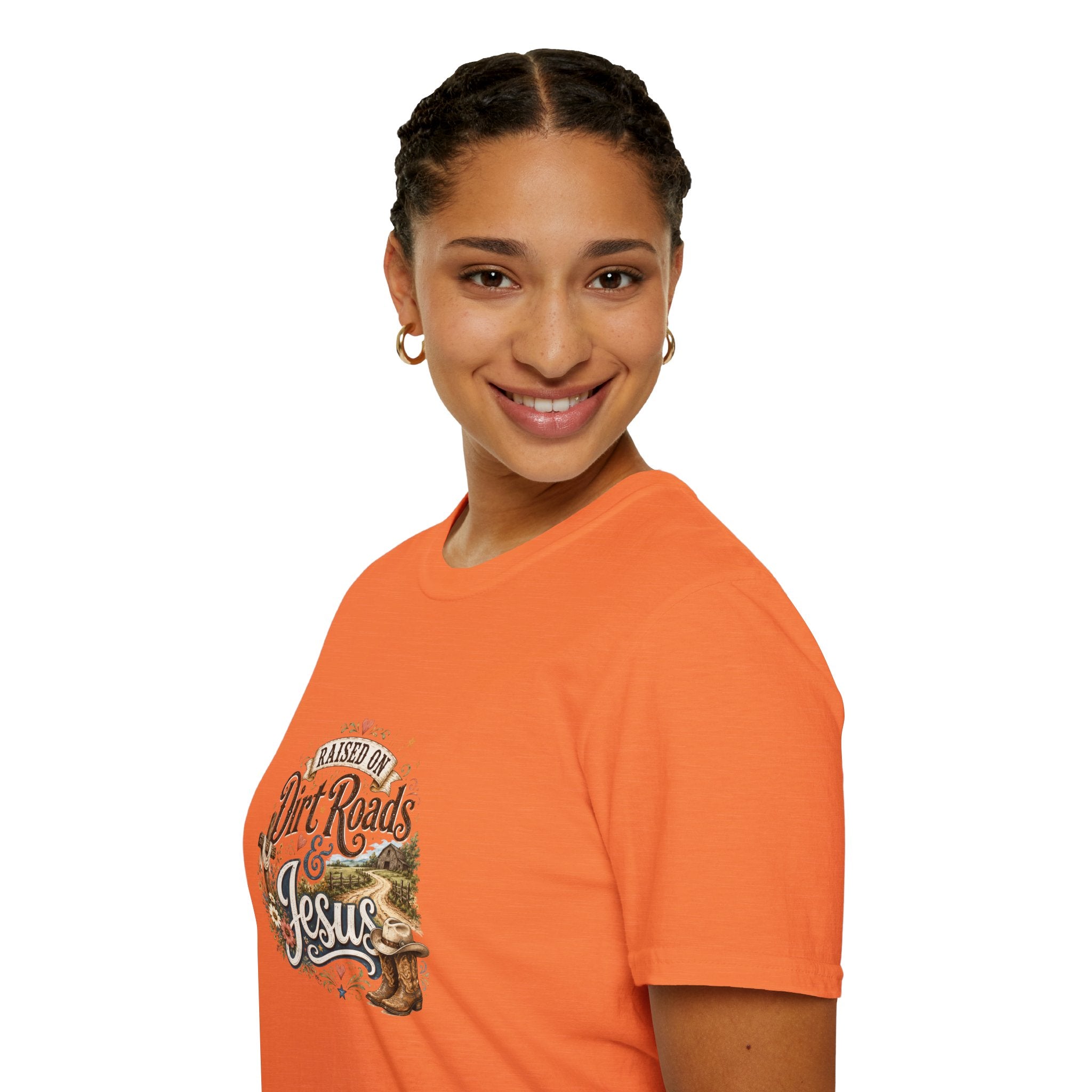 Raised on Dirt Roads & Jesus T-Shirt — Rustic Christian Gift for Women Faith Tee