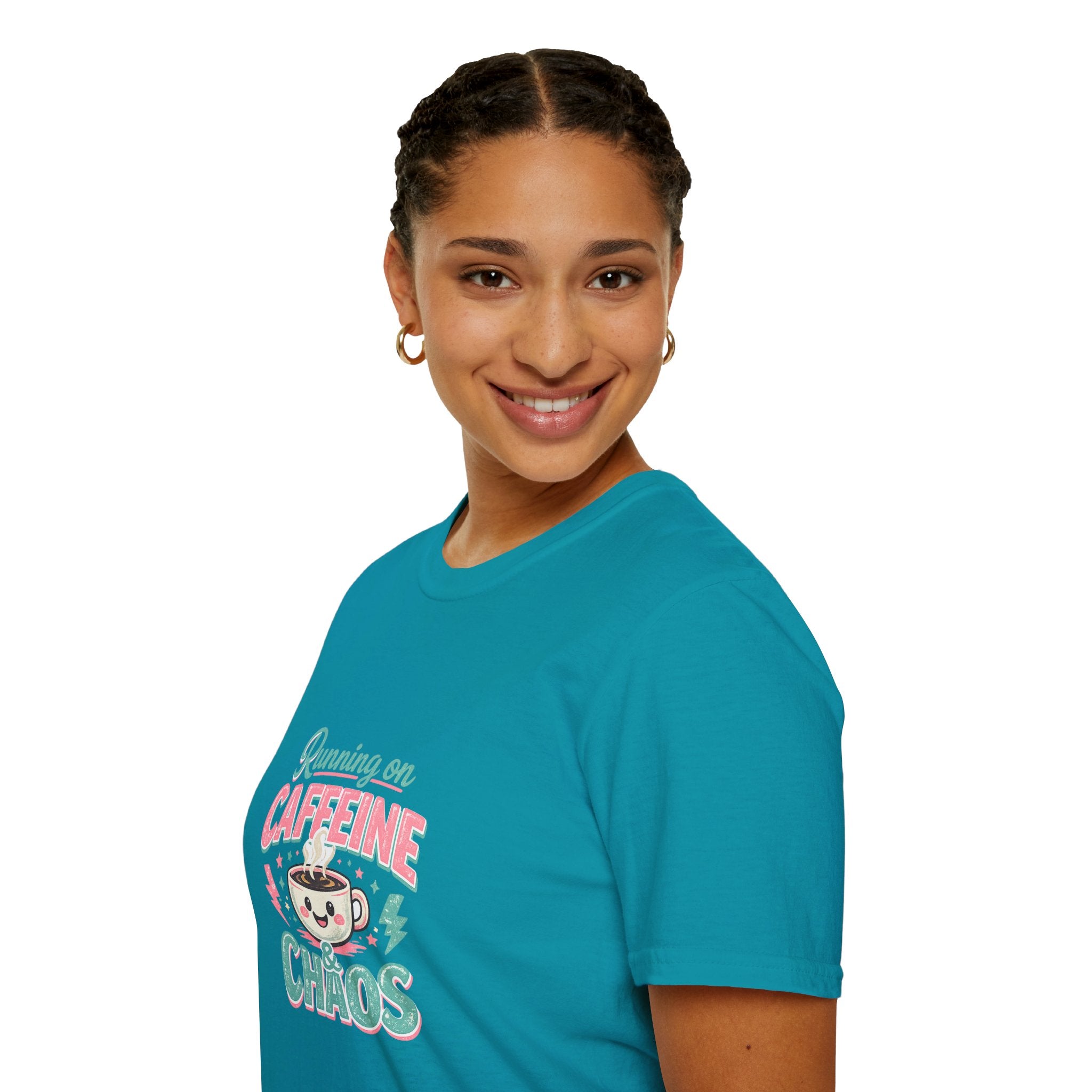 Running on Caffeine & Chaos T-Shirt — Funny Gift for Coffee Loving Moms Graphic Tee