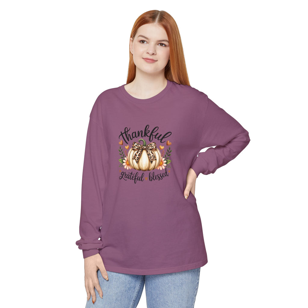Thankful Grateful Blessed Pumpkin Long Sleeve — Cute Fall Thanksgiving Gift for Women