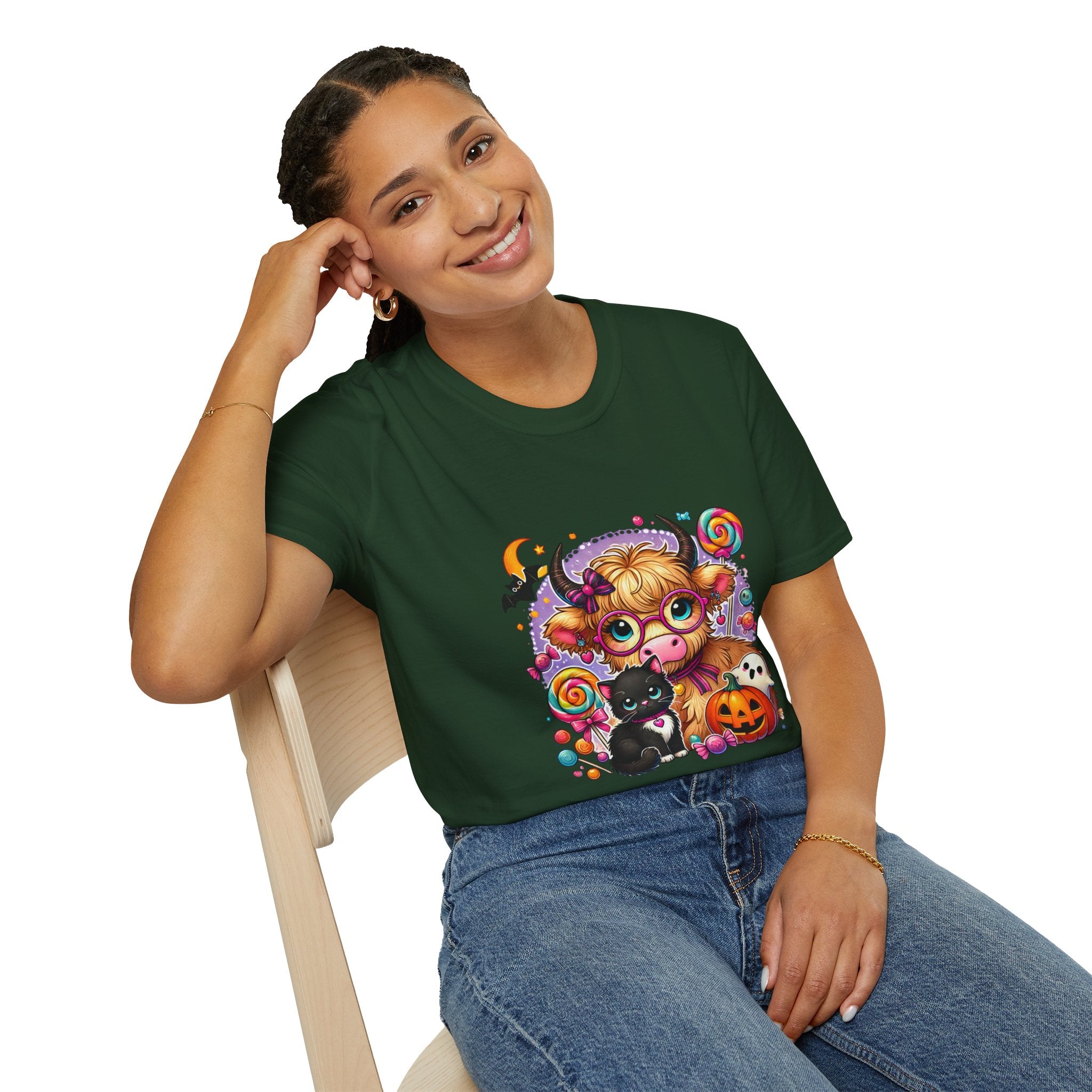 Cute Halloween Cow T-Shirt — Funny Gift for Her Candy Pumpkins & Kitty Costume Tee
