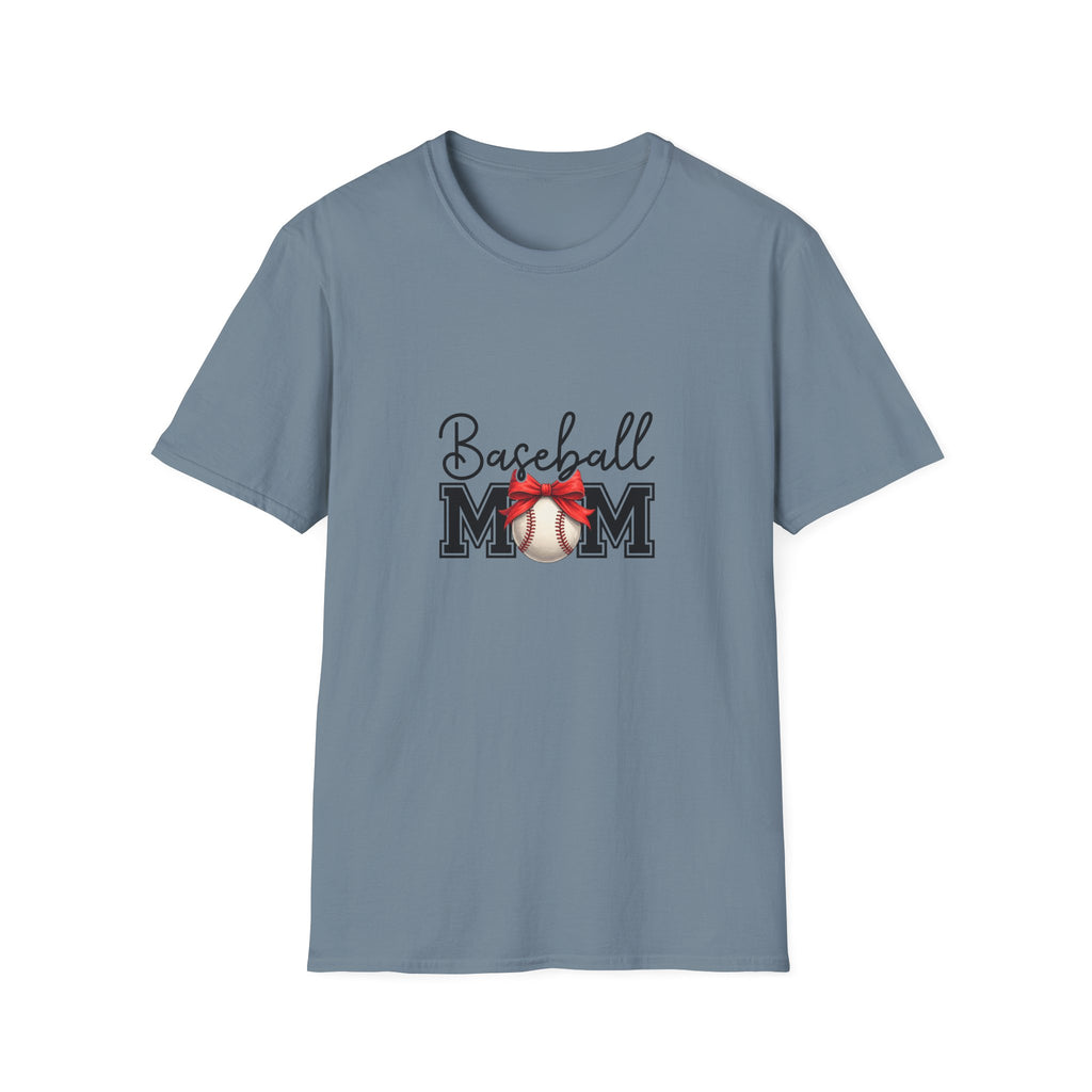 Baseball Mom T-Shirt — Cute Red Bow Gift for Sports Moms Game Day Graphic Tee