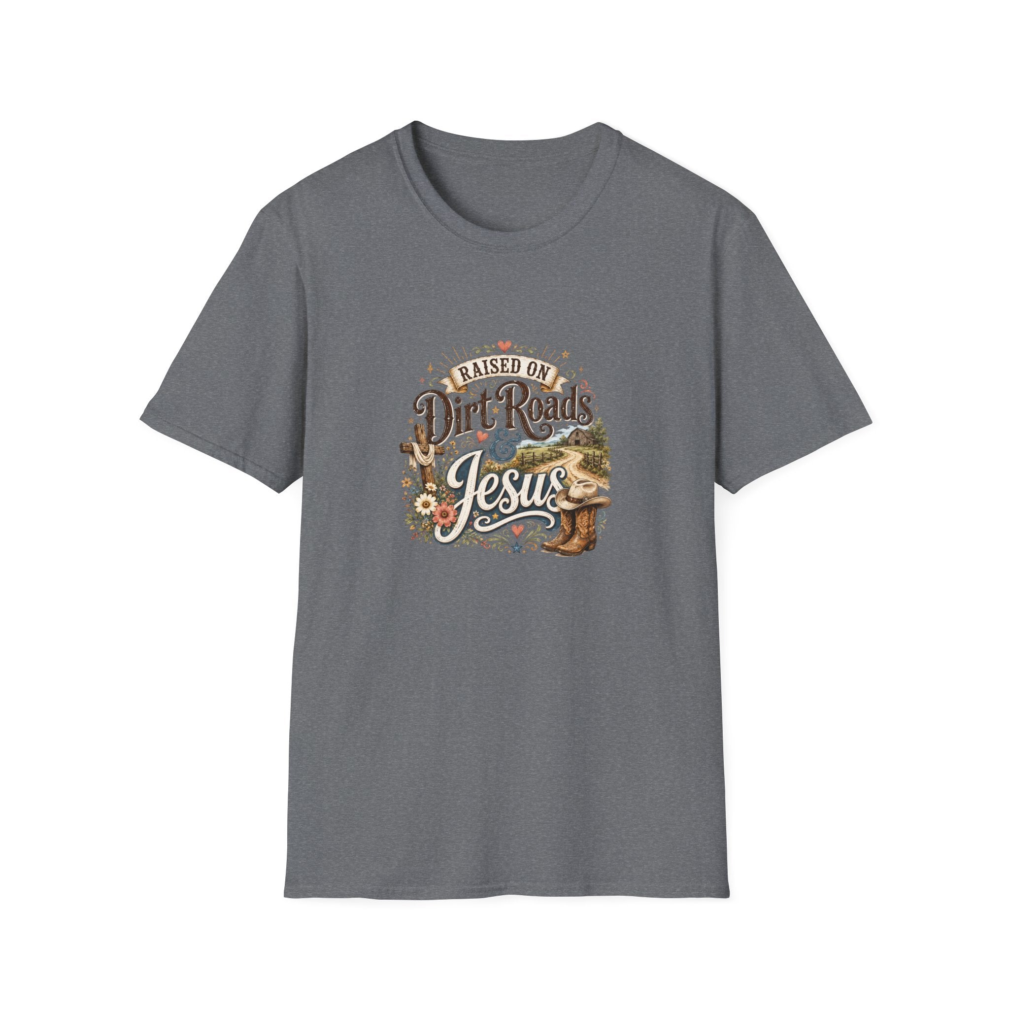 Raised on Dirt Roads & Jesus T-Shirt — Rustic Christian Gift for Women Faith Tee