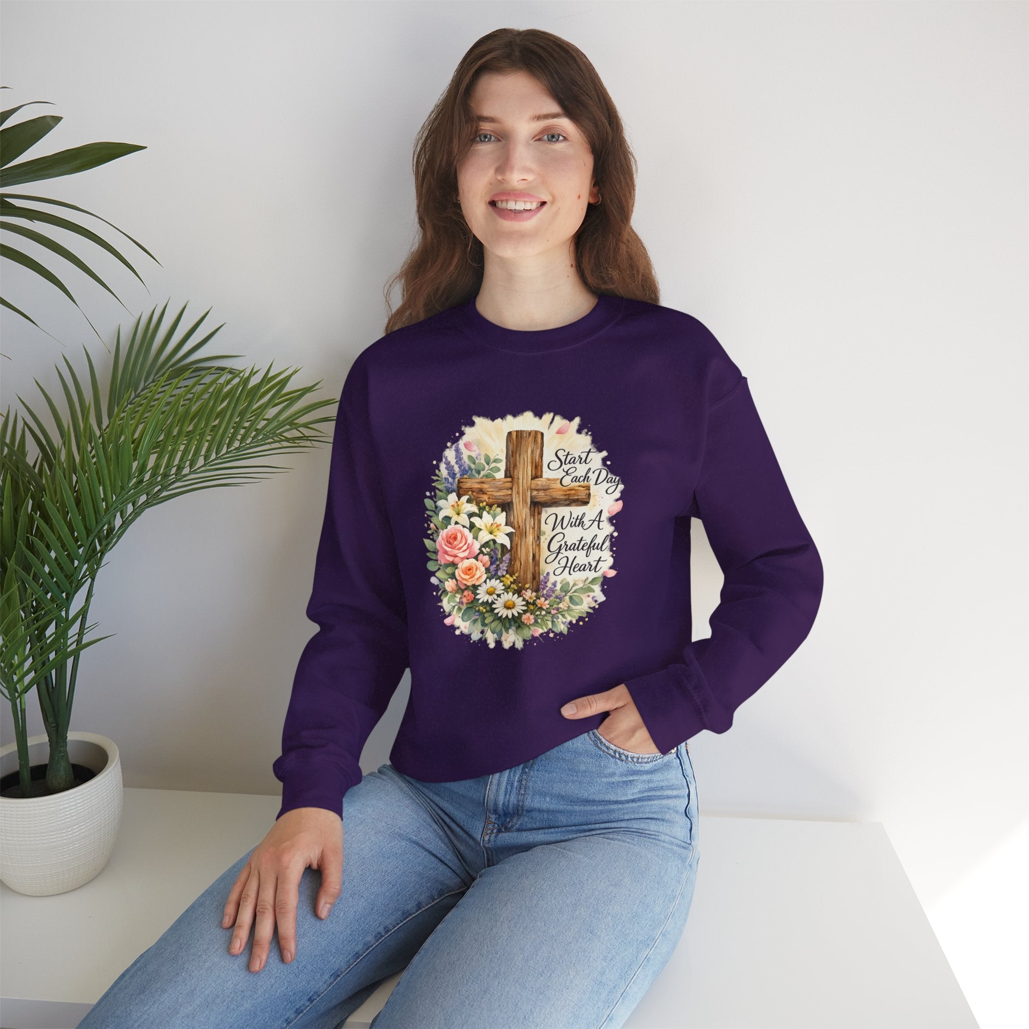 Christian Crewneck Sweatshirt — "Start Each Day with a Grateful Heart" Floral Cross