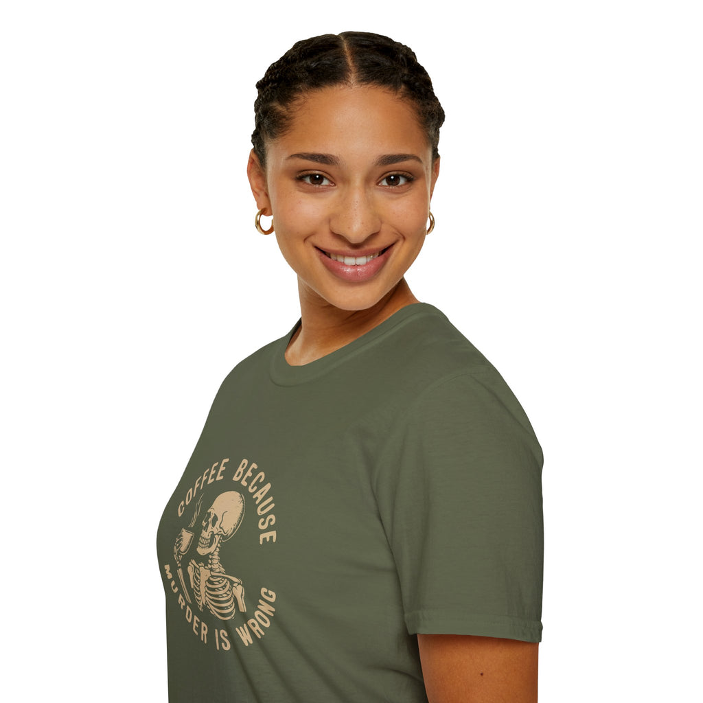 Coffee Because Murder Is Wrong Skull T-Shirt — Funny Dark Humor Gift for Her Graphic Tee