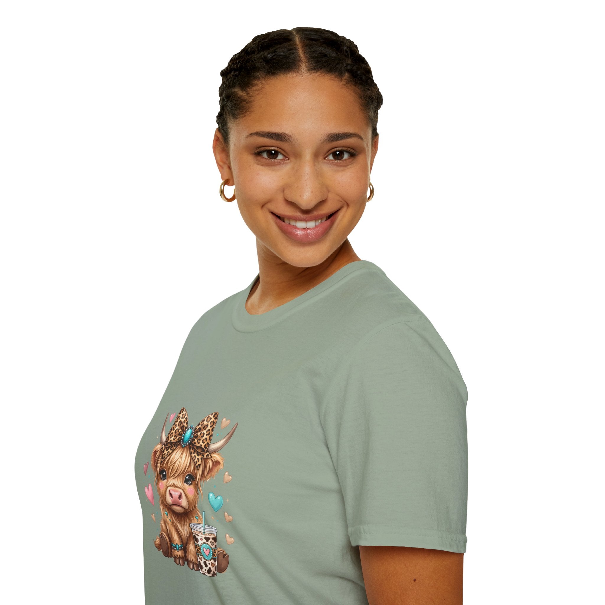 Highland Cow Leopard Bow T-Shirt — Cute Funny Gift for Her Hearts Graphic Tee