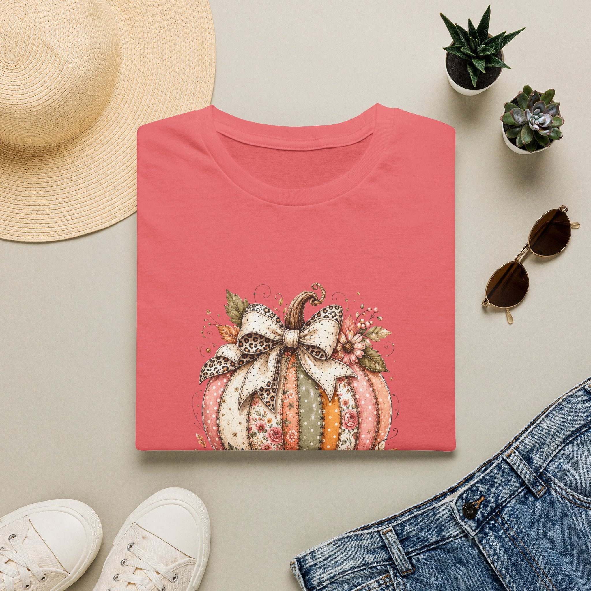 Autumn Floral Pumpkin Leopard Bow T-Shirt — Cute Fall Gift for Women Graphic Tee
