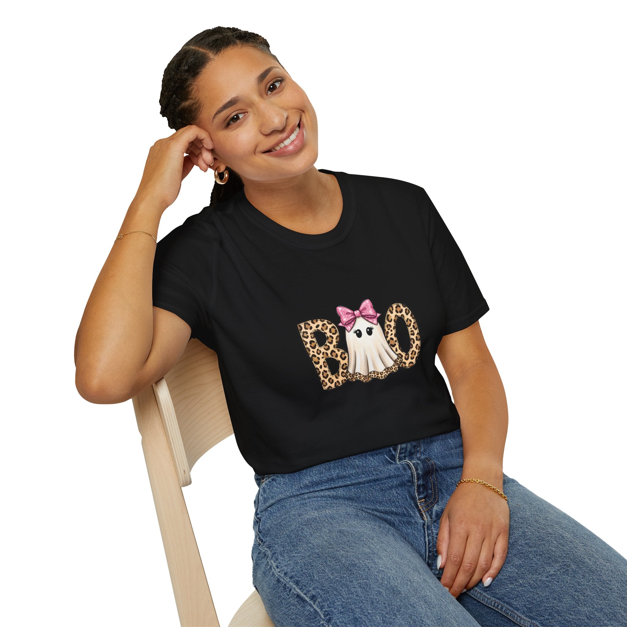 Boo Leopard Ghost T-Shirt — Cute Pink Bow Halloween Gift for Women Graphic Tee