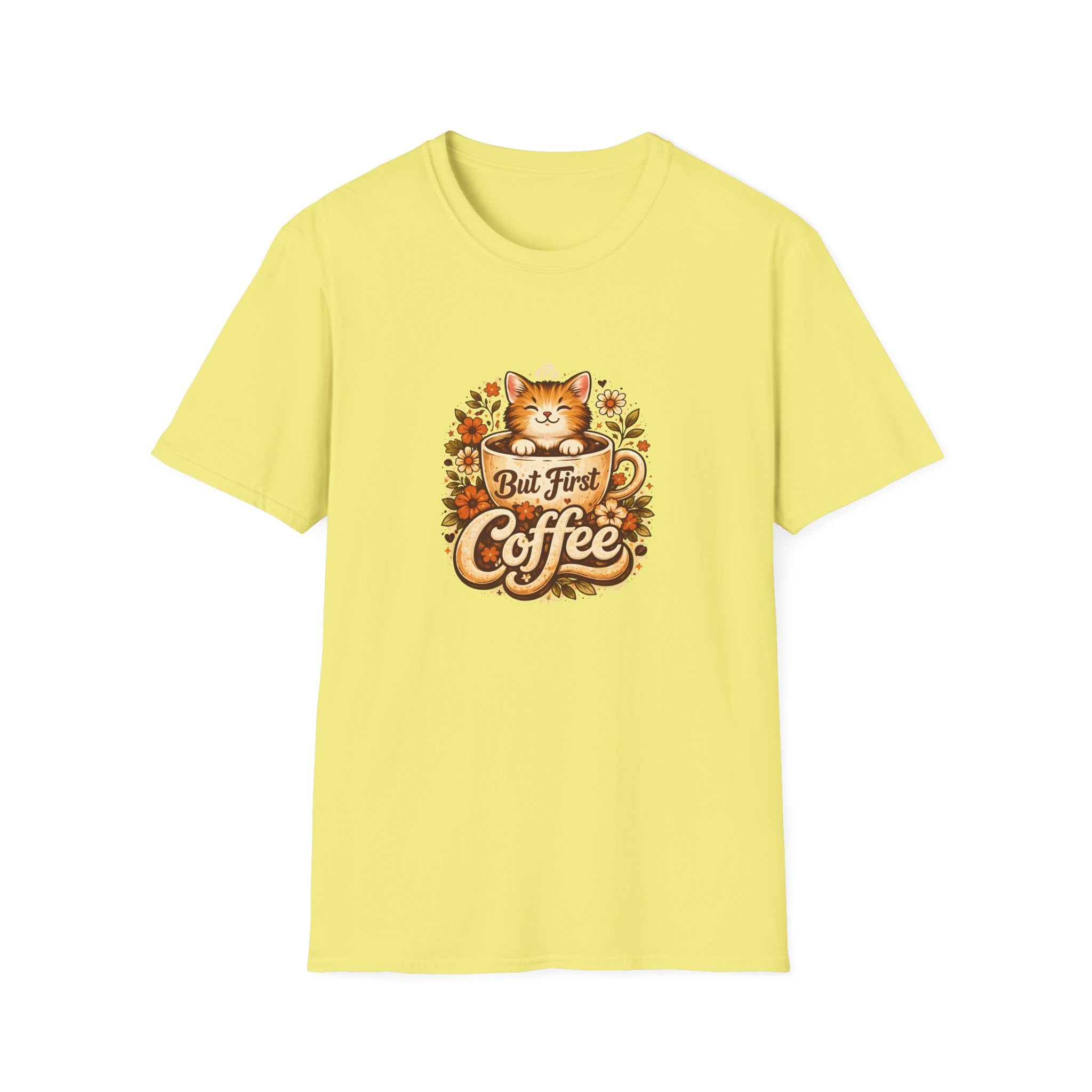 But First Coffee Cat T-Shirt — Cute Floral Gift for Coffee Lovers Women's Tee