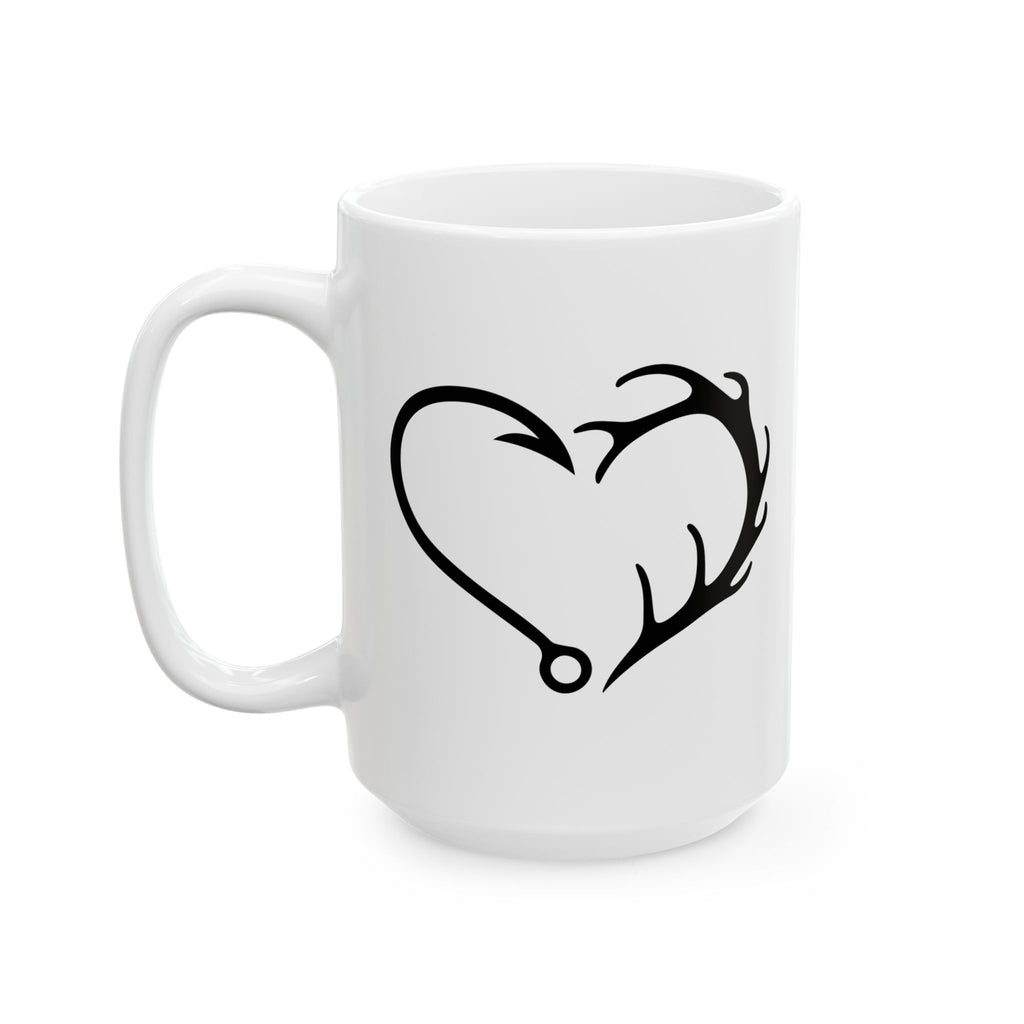 Antler Heart Ceramic Mug — Rustic Deer & Fishing Hook Gift for Him Coffee Cup 11oz 15oz