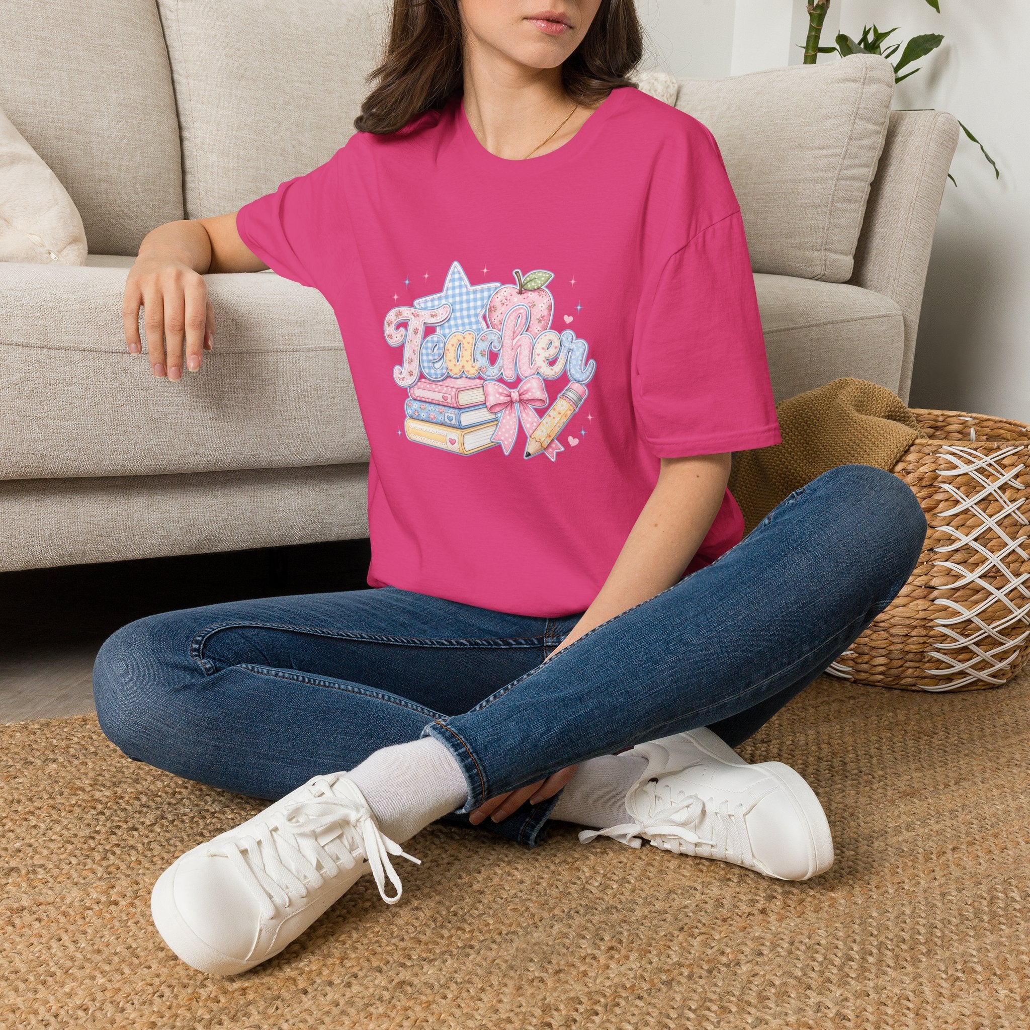 Cute Pastel Apple & Books Teacher T-Shirt — Funny Back-to-School Gift Graphic Tee
