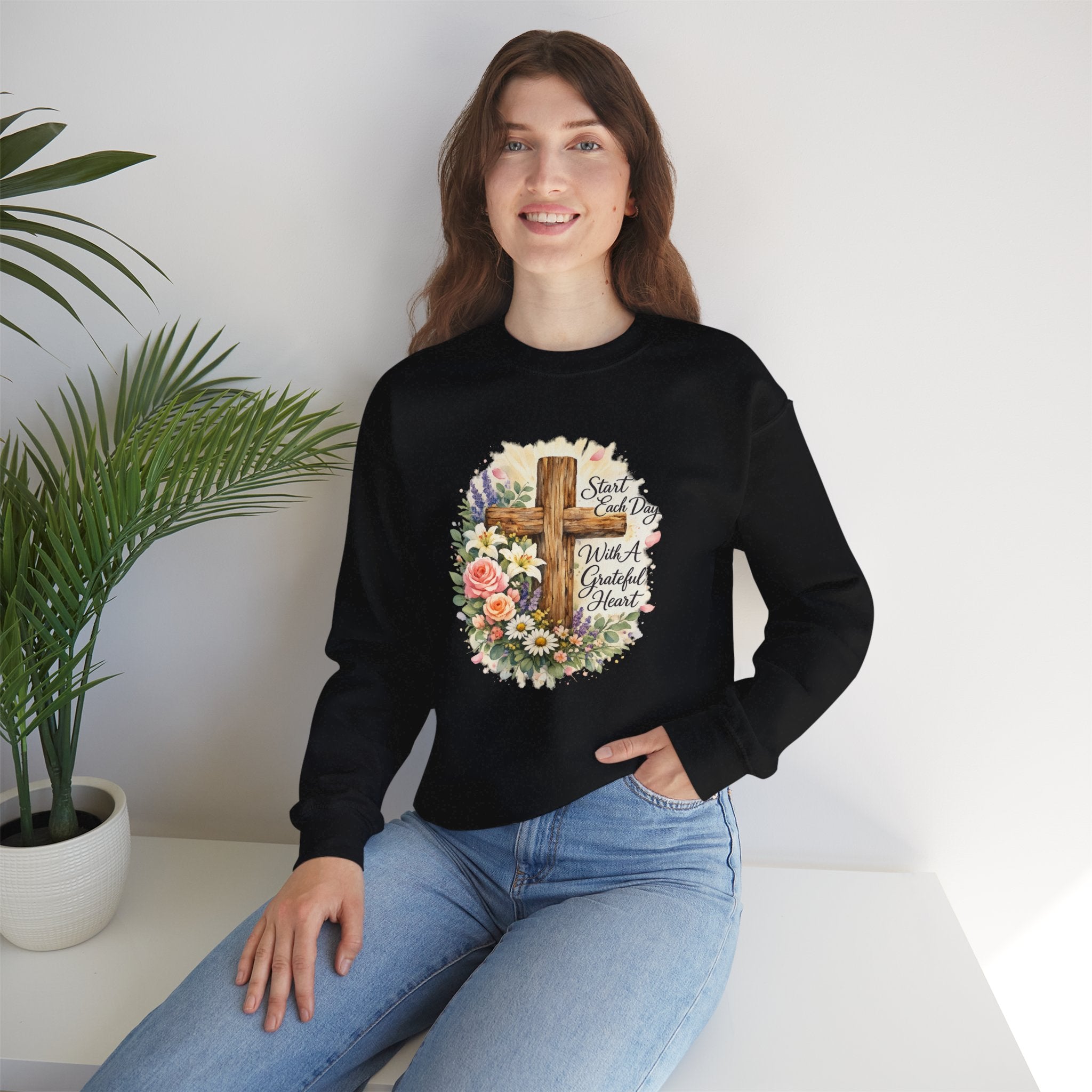 Christian Crewneck Sweatshirt — "Start Each Day with a Grateful Heart" Floral Cross