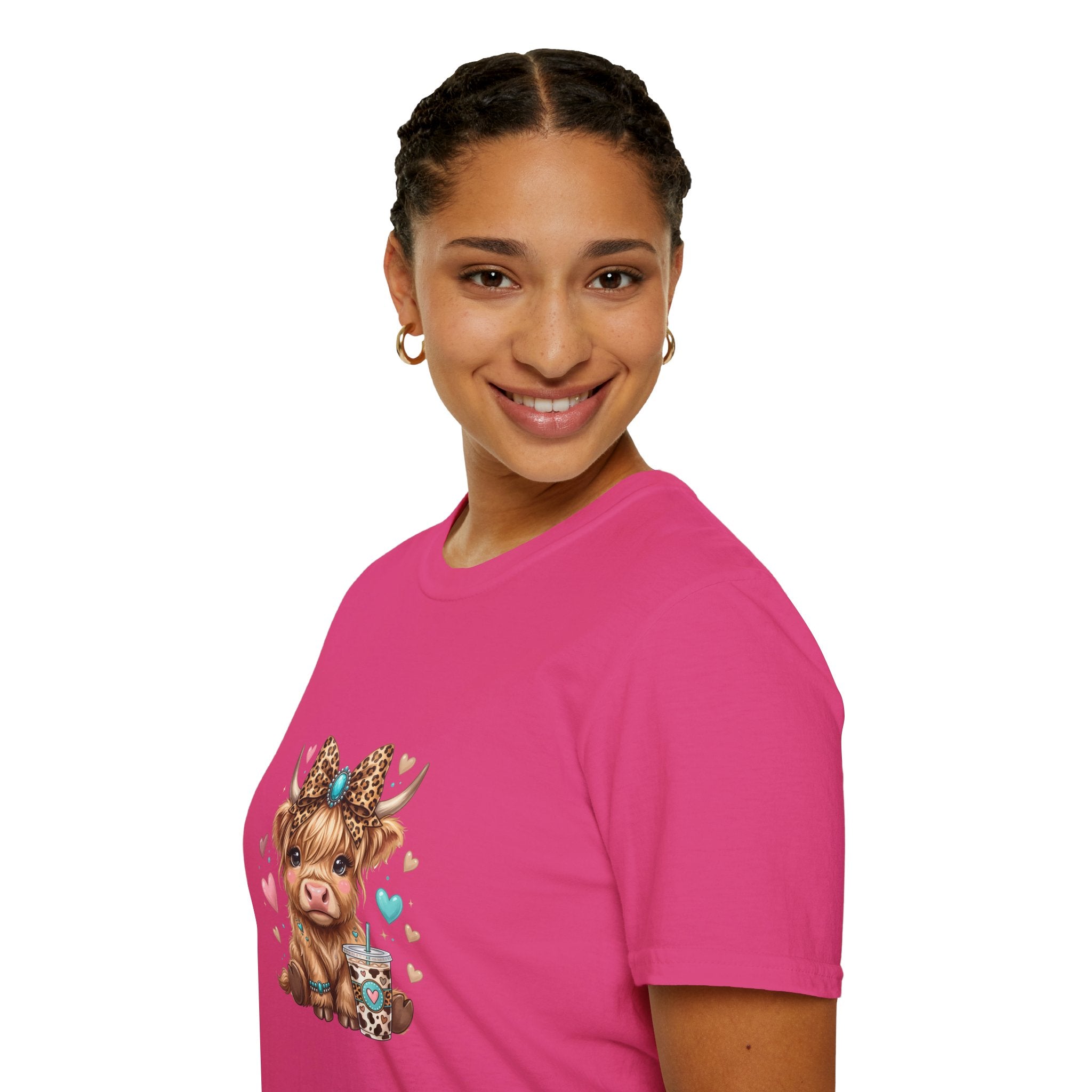 Highland Cow Leopard Bow T-Shirt — Cute Funny Gift for Her Hearts Graphic Tee